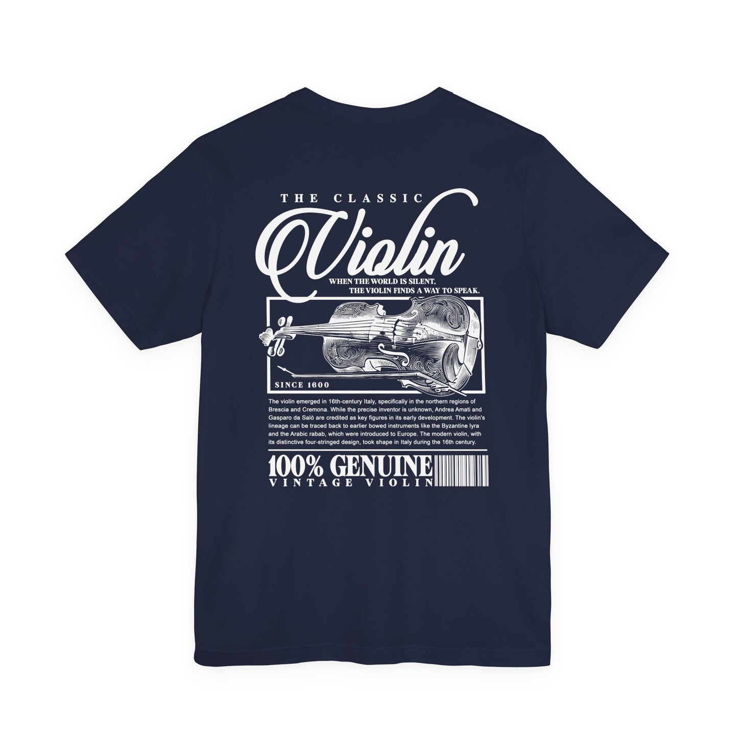 The Classic Violin T-Shirt – Vintage Instrument & 16th Century Story [White Text]
