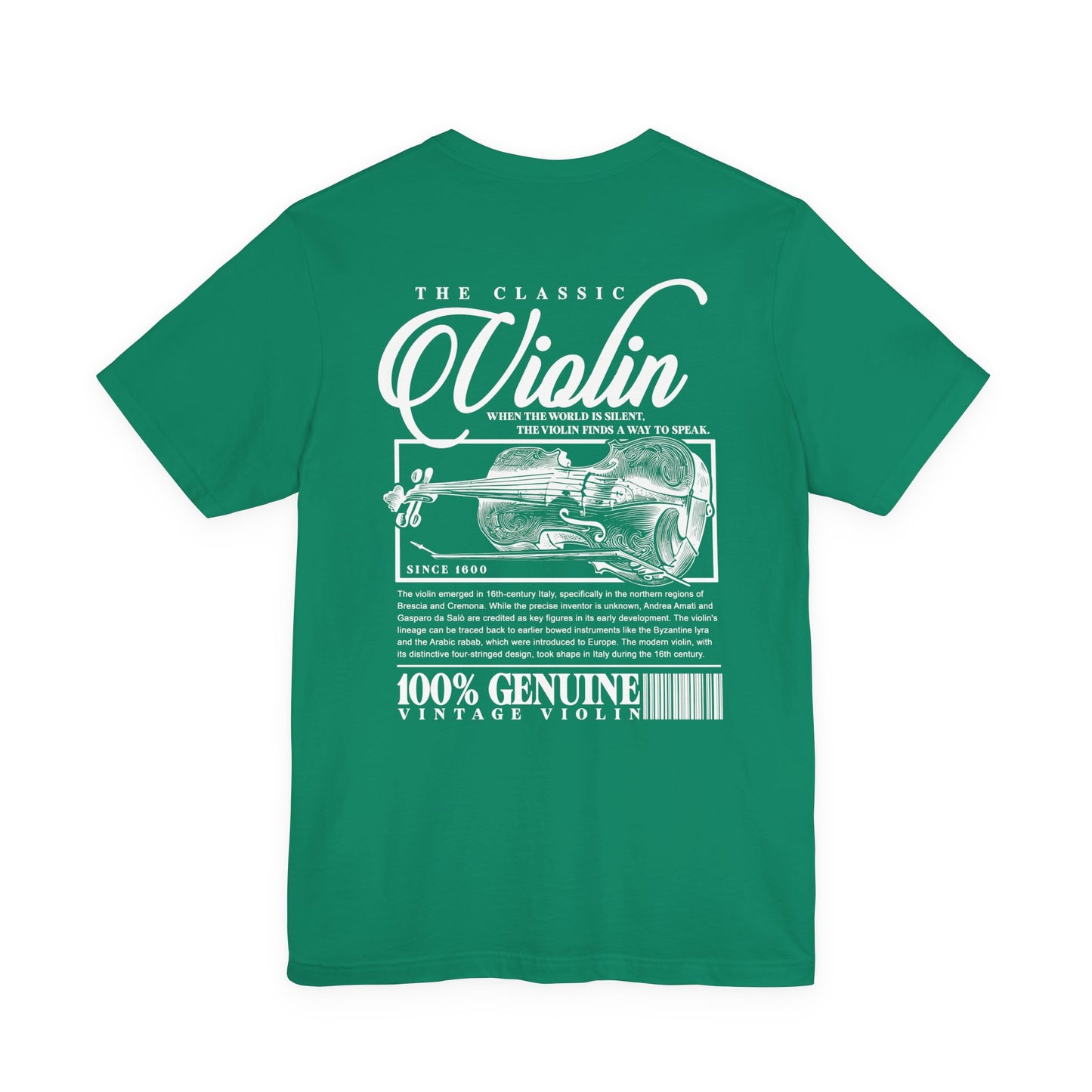 The Classic Violin T-Shirt – Vintage Instrument & 16th Century Story [White Text]
