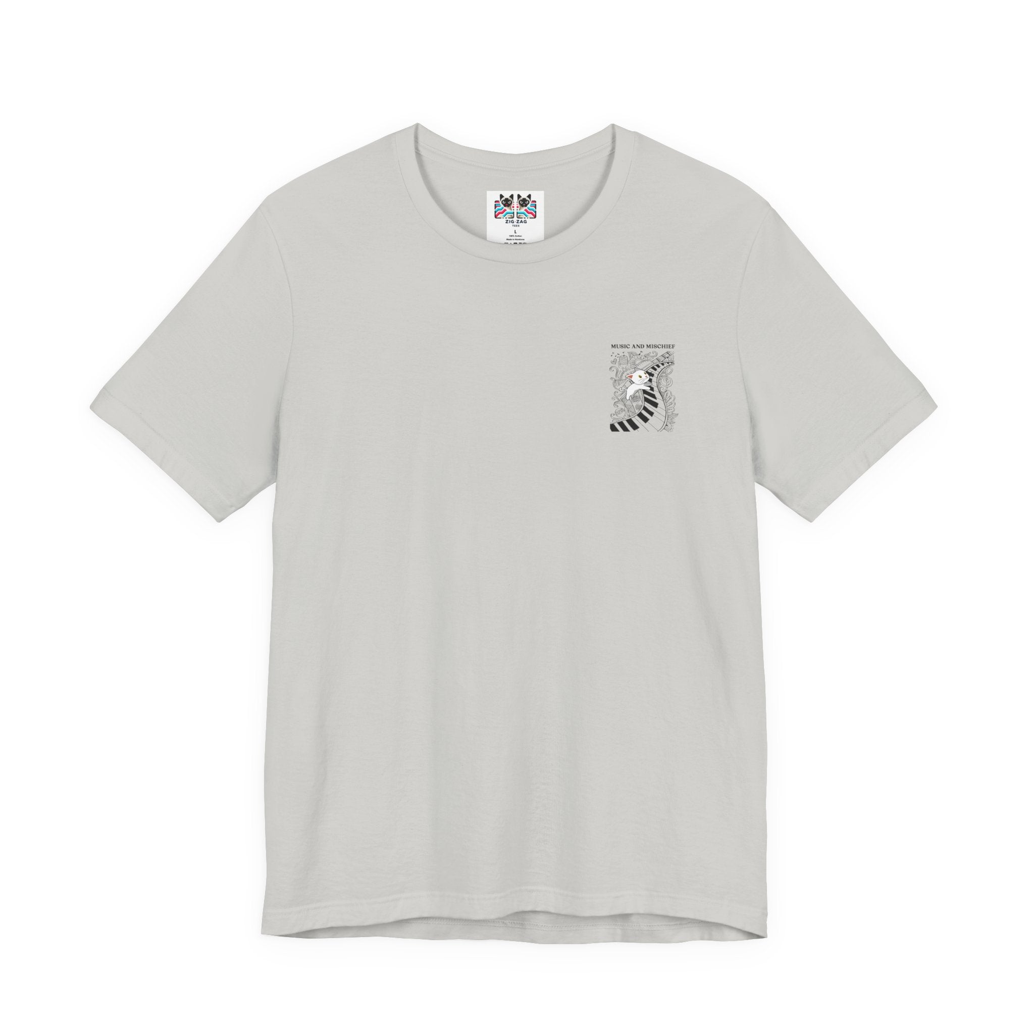 Music and Mischief T-Shirt – Piano and Playful Cat Graphic
