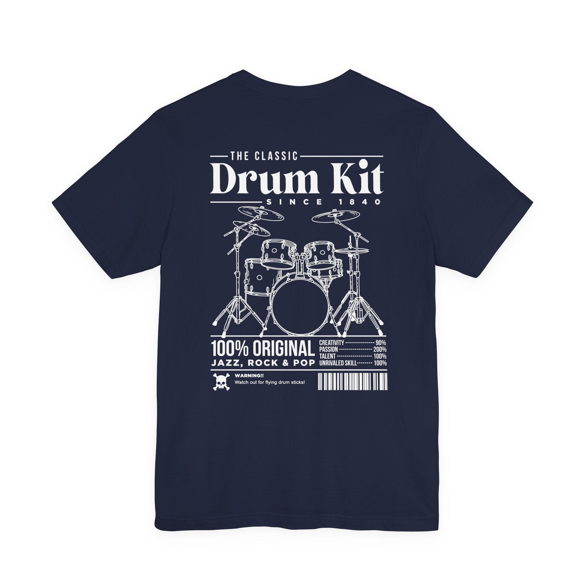 The Classic Drum Kit T-Shirt – Vintage Design with Bold Music Stats & Warning