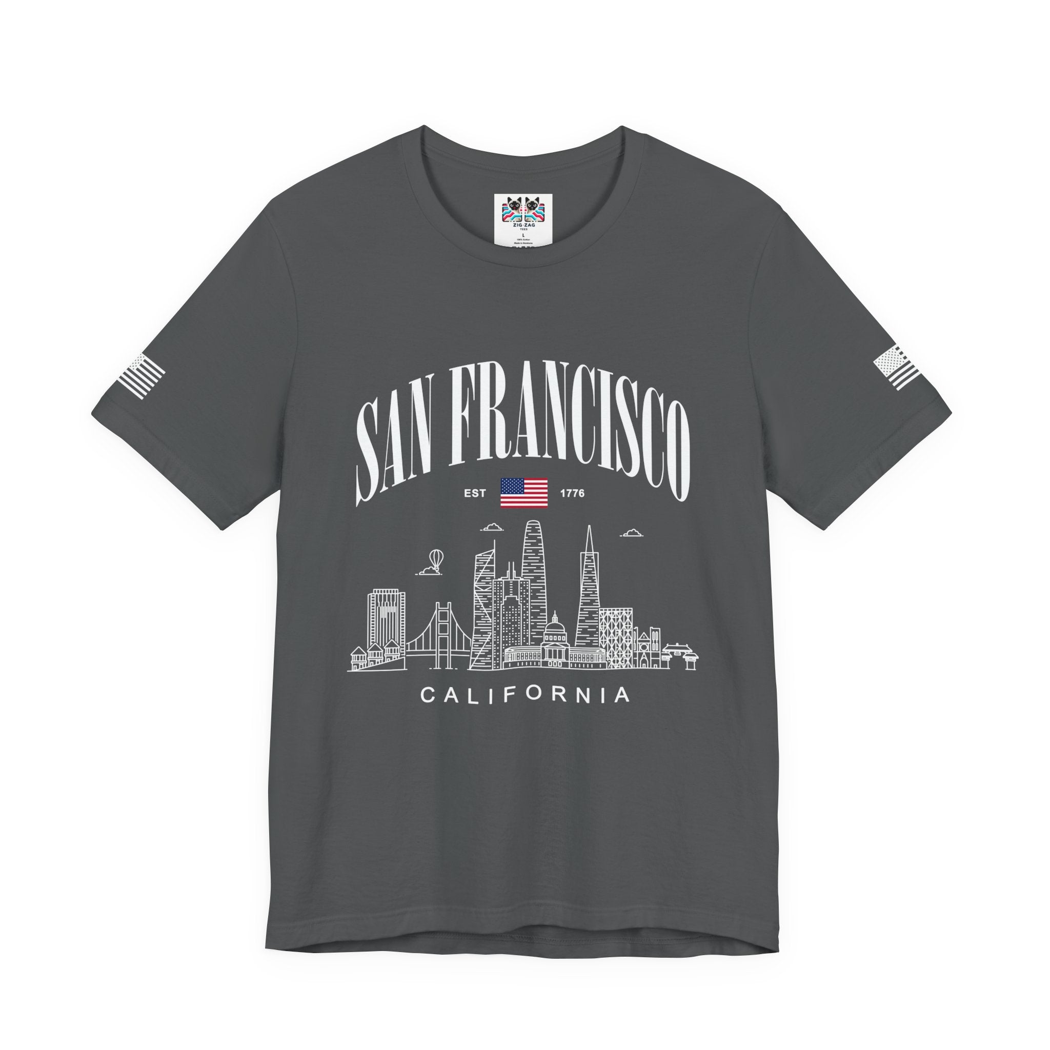 San Francisco California T-Shirt, EST 1776 Arch Skyline Tee, Bay Area Patriotic Shirt, SF Souvenir Gift, Unisex USA Flag Sleeve Shirt