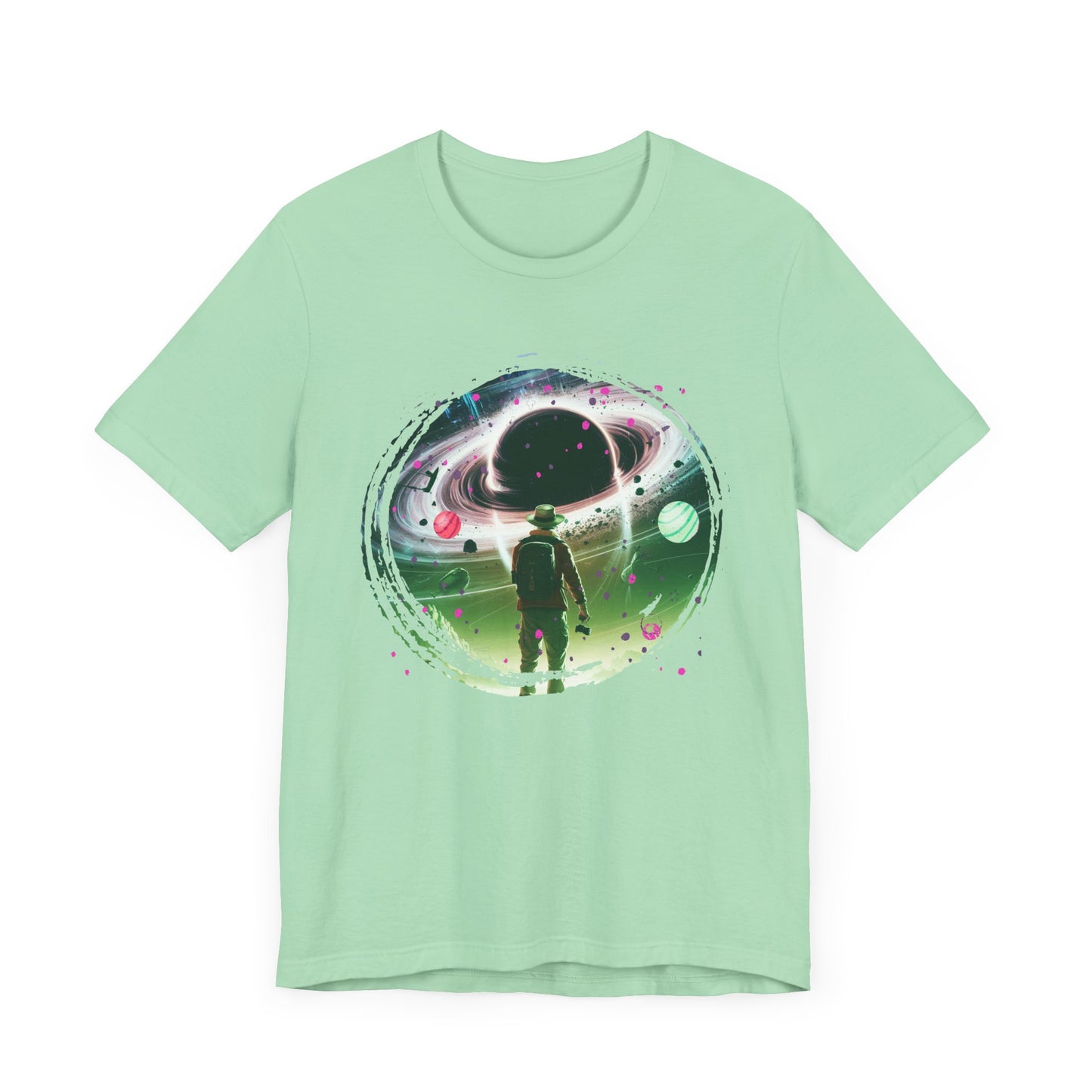 Shocked Traveler & Dramatic Planets | Backpacker Gazing at Planets Graphic T-Shirt