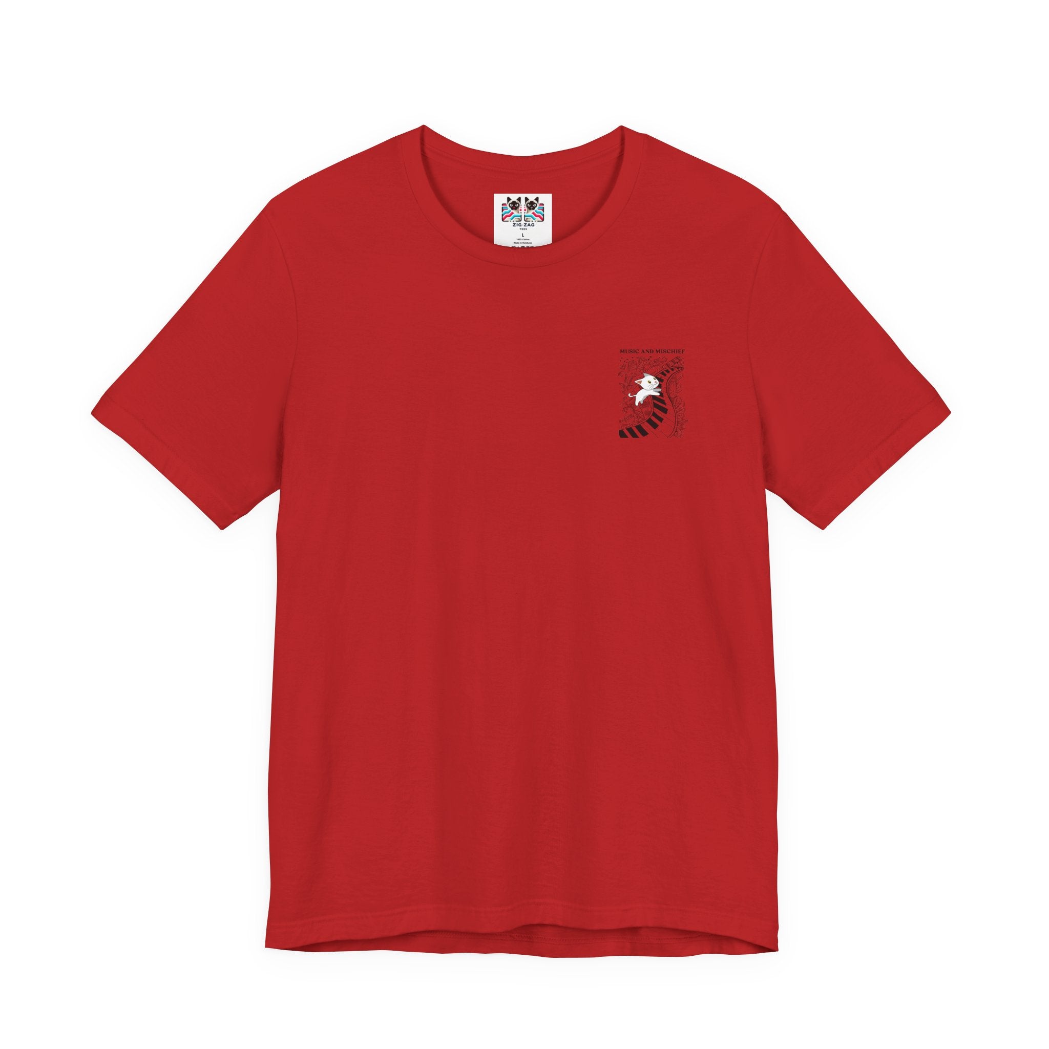 Music and Mischief T-Shirt – Piano and Playful Cat Graphic
