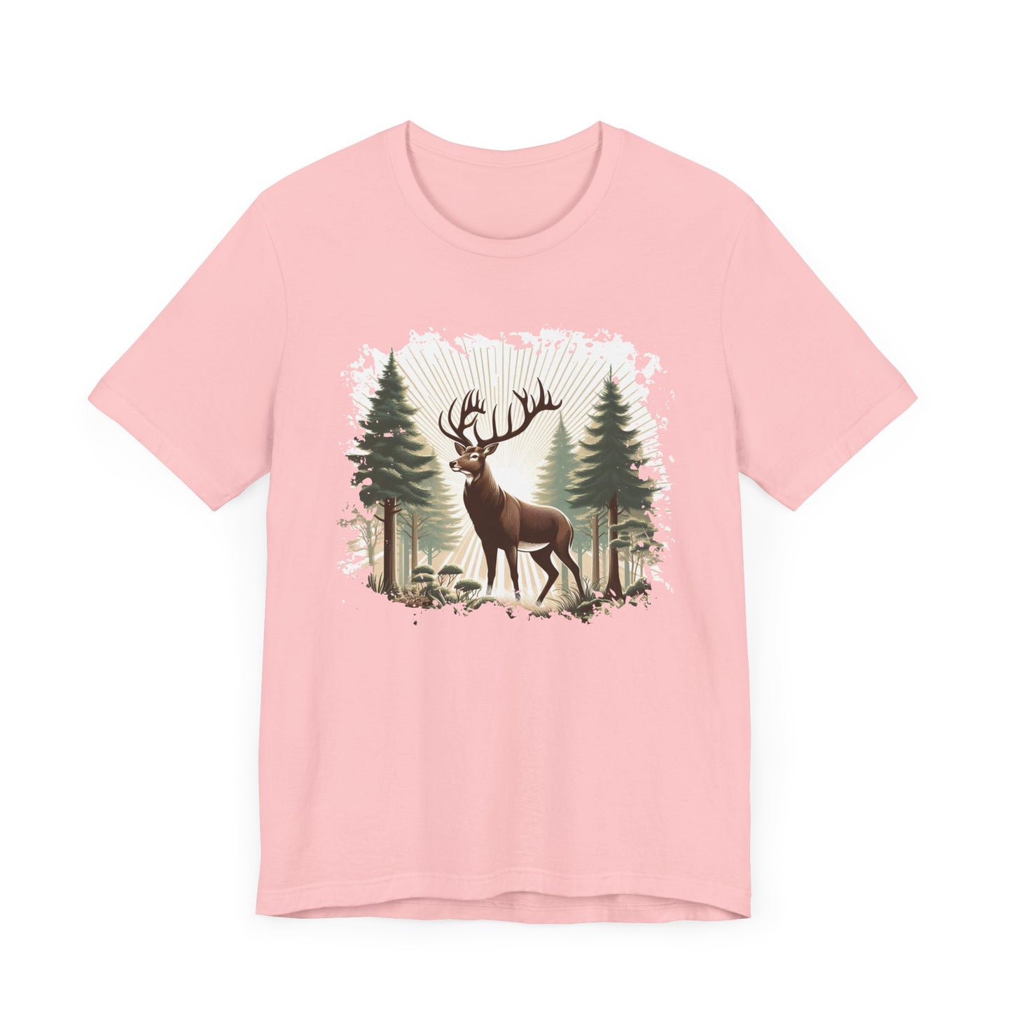 Majestic Deer with Large Antlers | Sunlight Through Foggy Forest Graphic T-Shirt