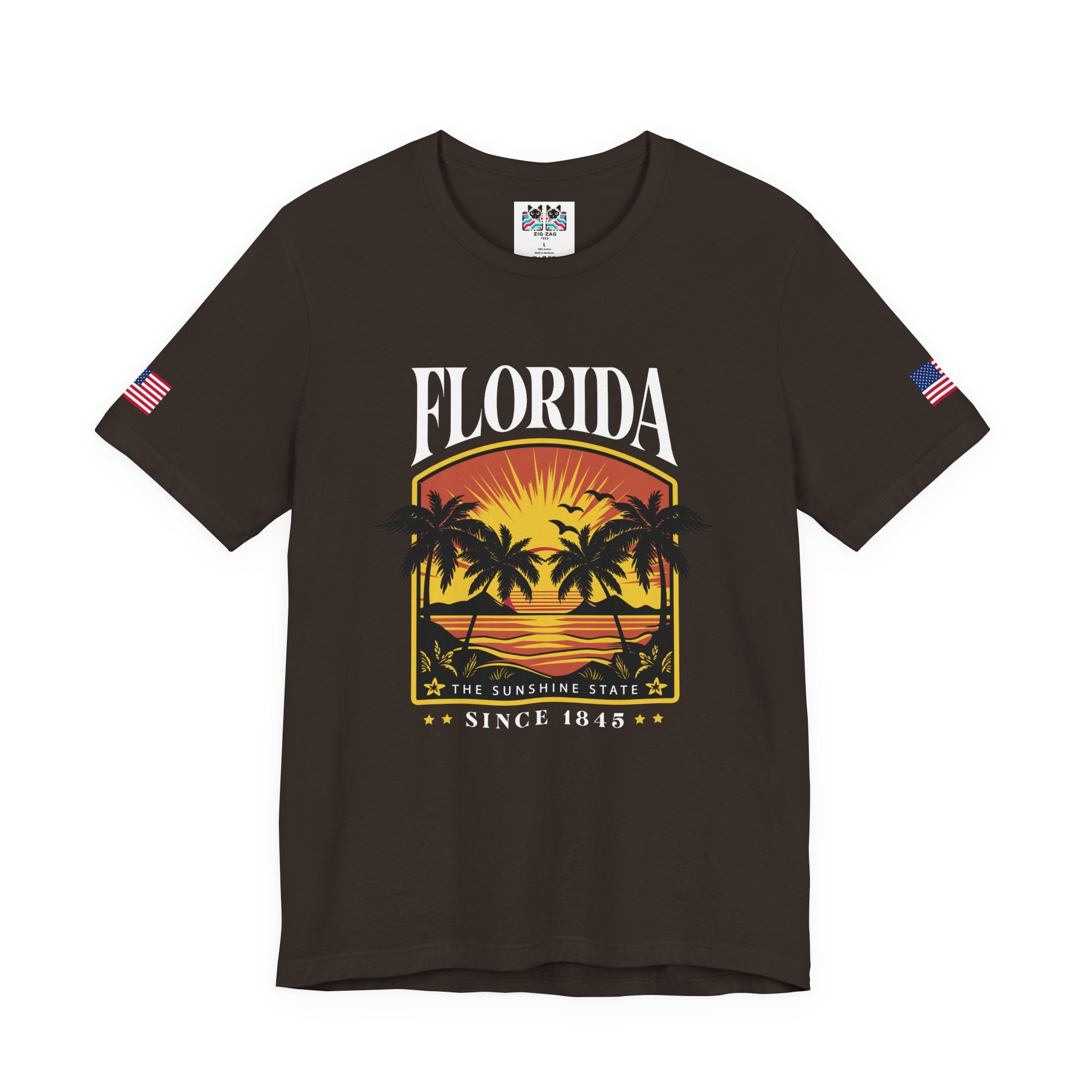 Florida The Sunshine State Since 1845 T-Shirt – Retro Badge Palm Tree Sunset Graphic Tee