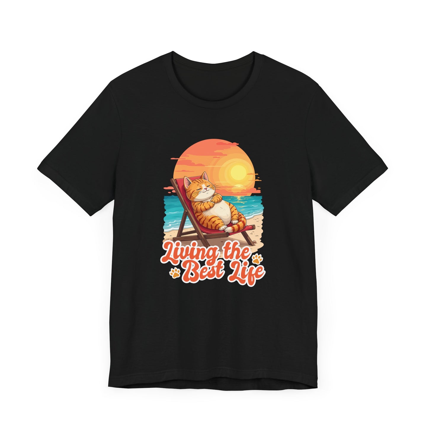 Lazy Life- Living the Best Life – Fat Cat Reclining Chair Beach Sunset Graphic T-Shirt