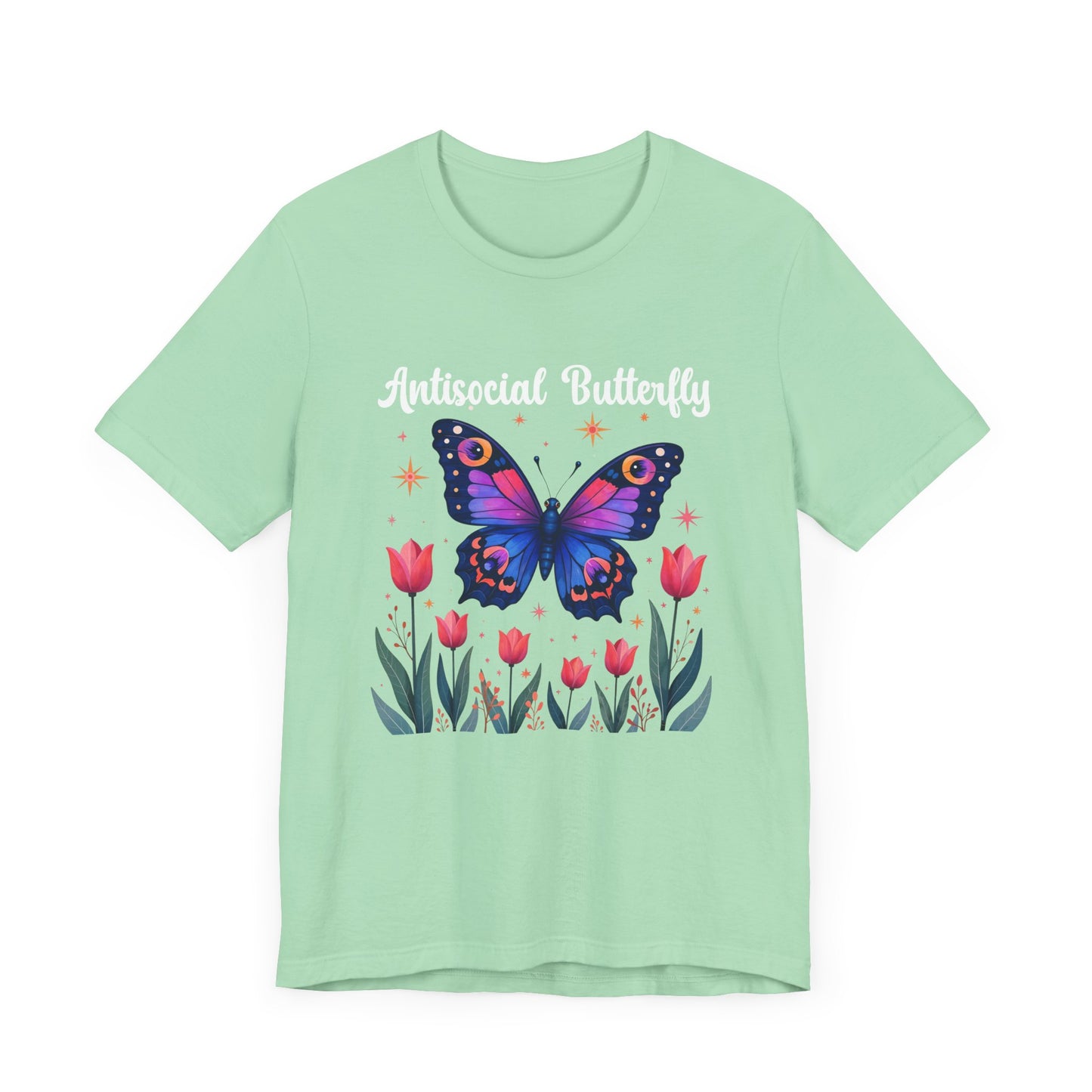 Antisocial Butterfly – Large Butterfly Above Flower Plants Graphic T-Shirt