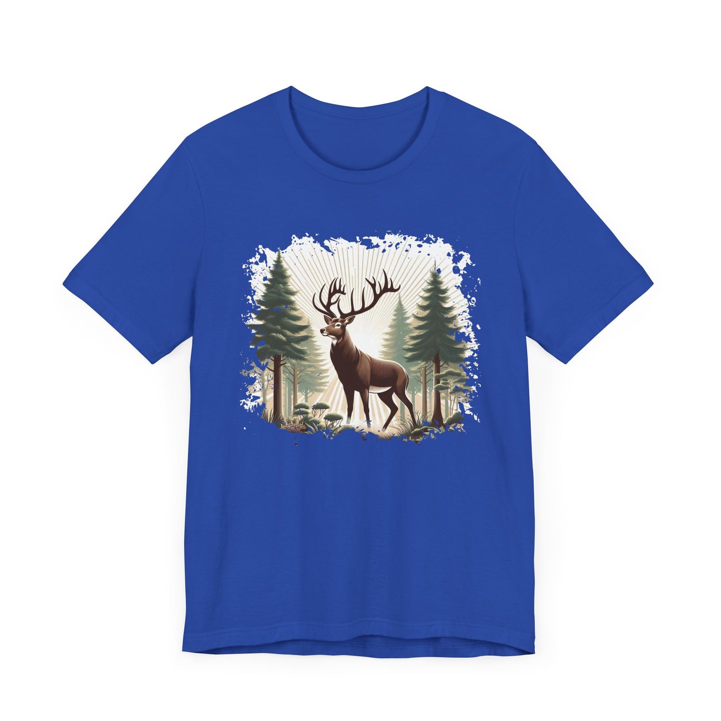 Majestic Deer with Large Antlers | Sunlight Through Foggy Forest Graphic T-Shirt
