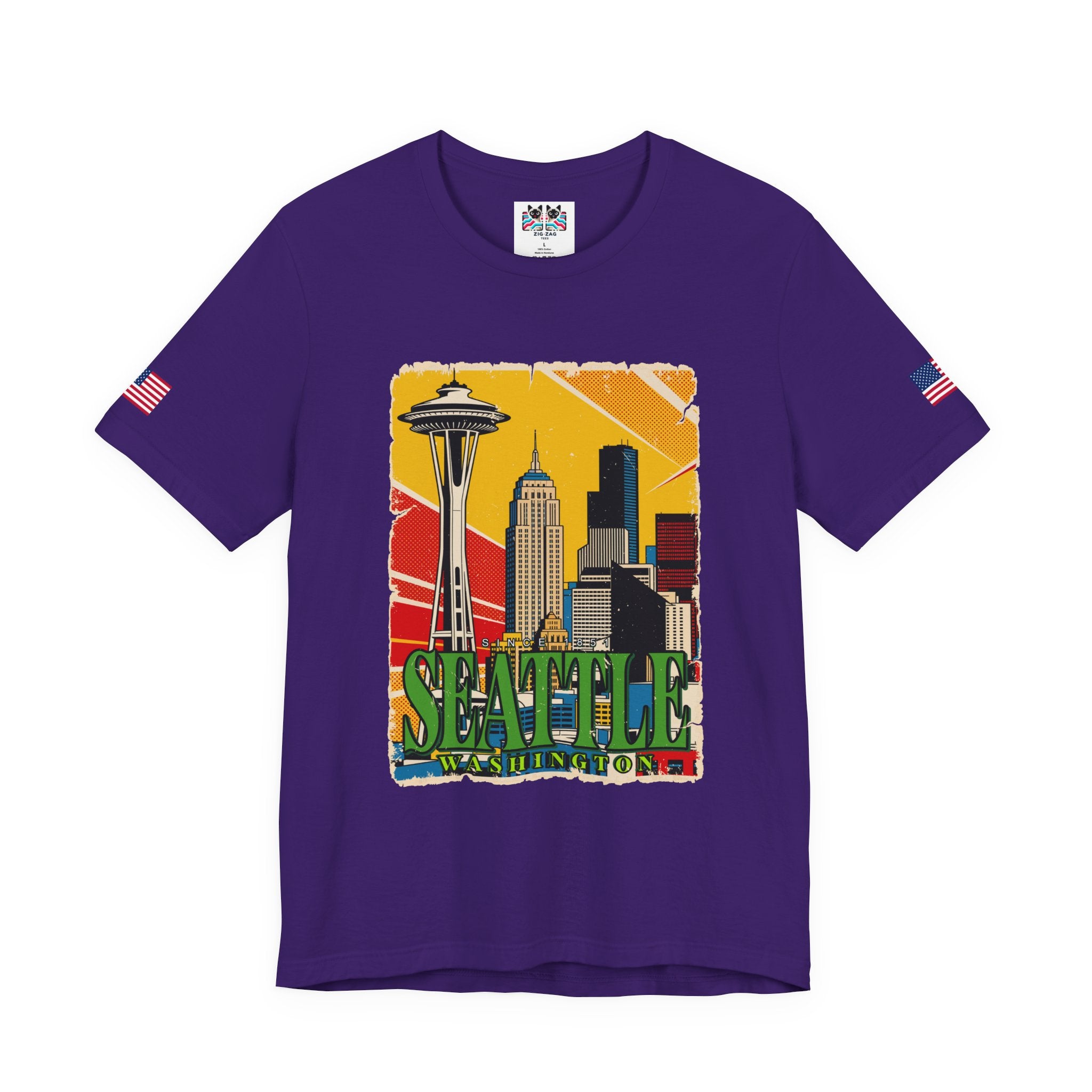 Seattle Washington Retro Pop Art Skyline T-Shirt | Space Needle Comic Style Graphic Tee | Seattle Souvenir Shirt