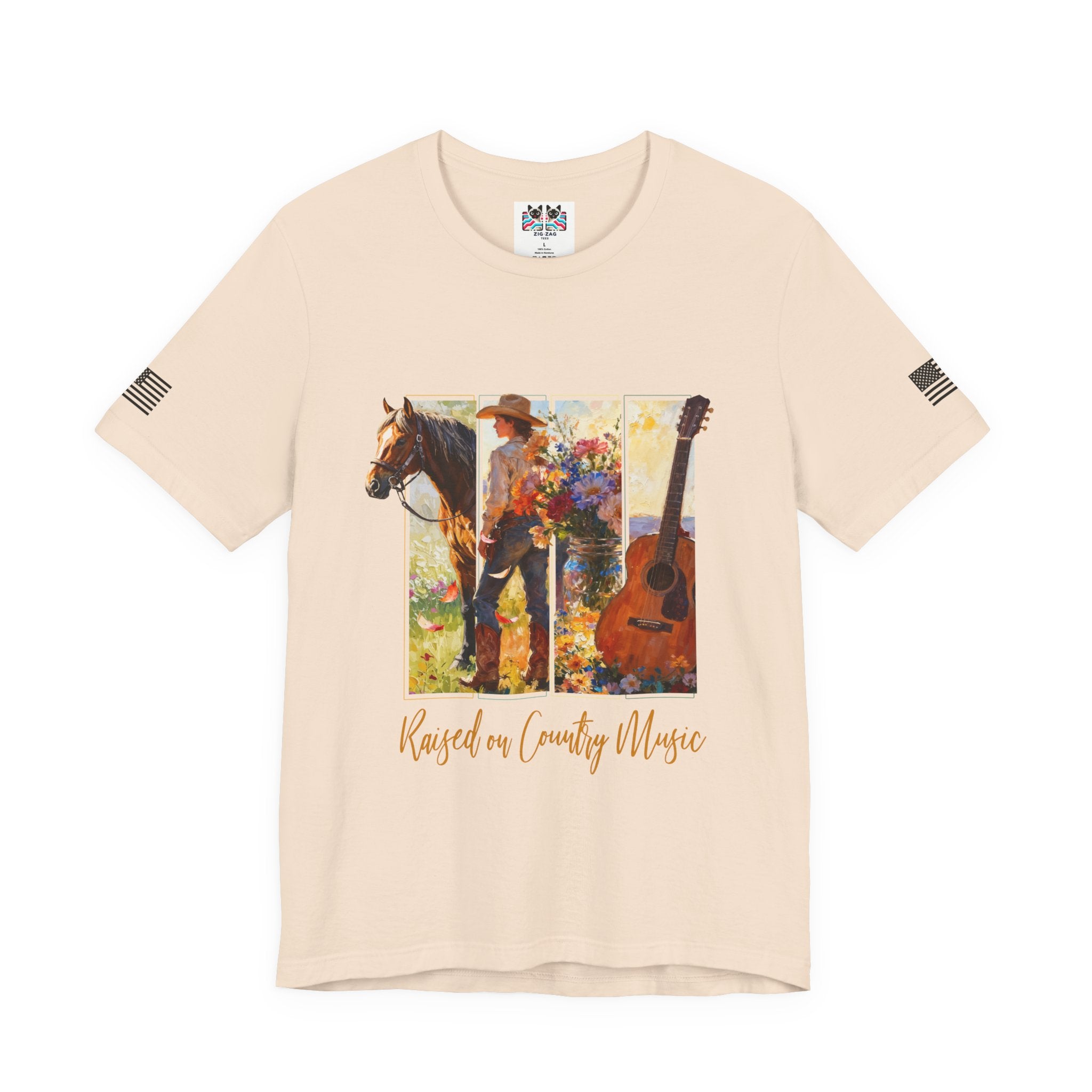Raised on Country Music T-Shirt – Triptych Horse Cowboy Guitar Floral Illustrated Graphic Tee
