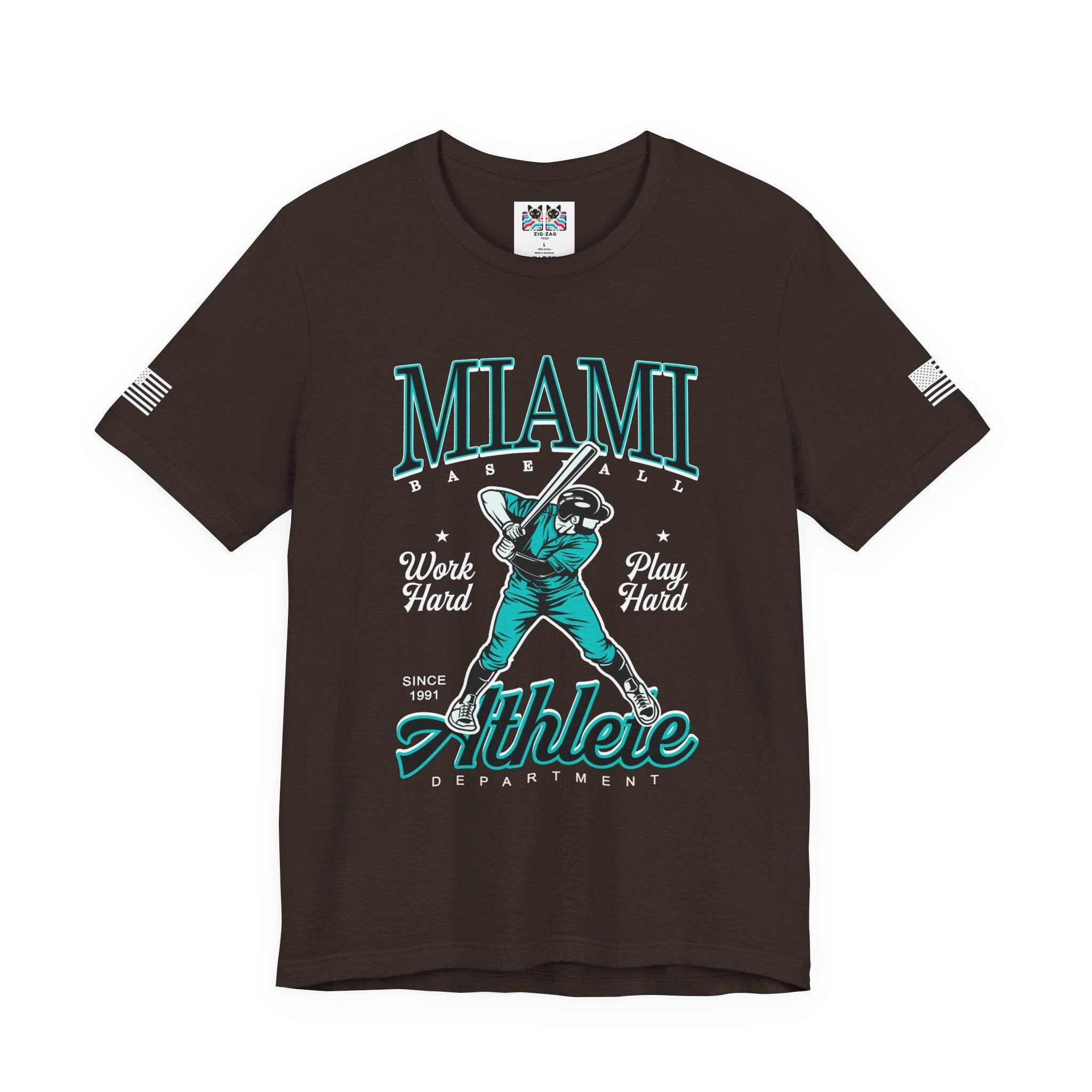 Miami Baseball Athlete Department T-Shirt – Work Hard Play Hard Since 1991 Graphic Tee