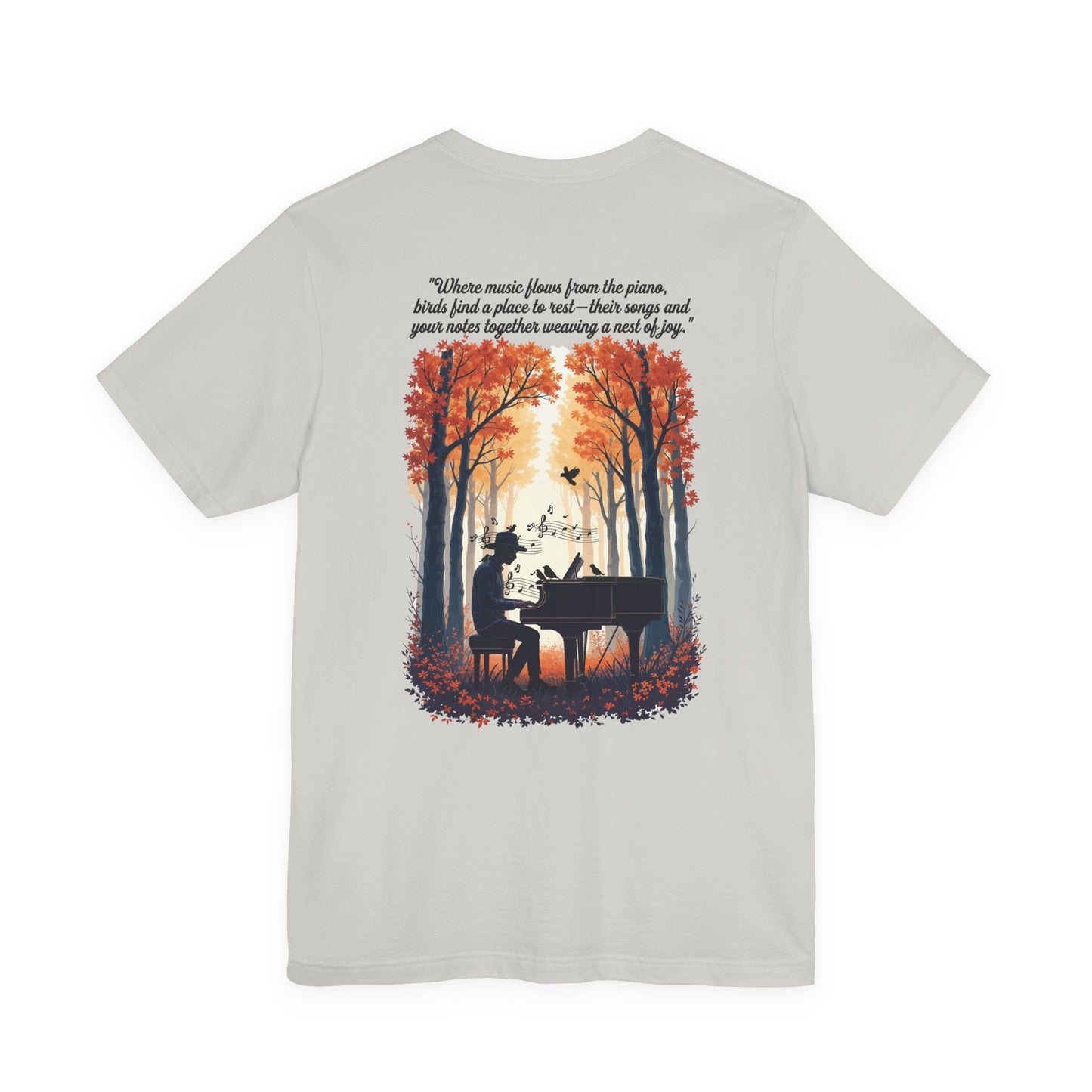 Music & Nature Harmony T-Shirt – Grand Piano in Autumn Forest Scene [Black Text]