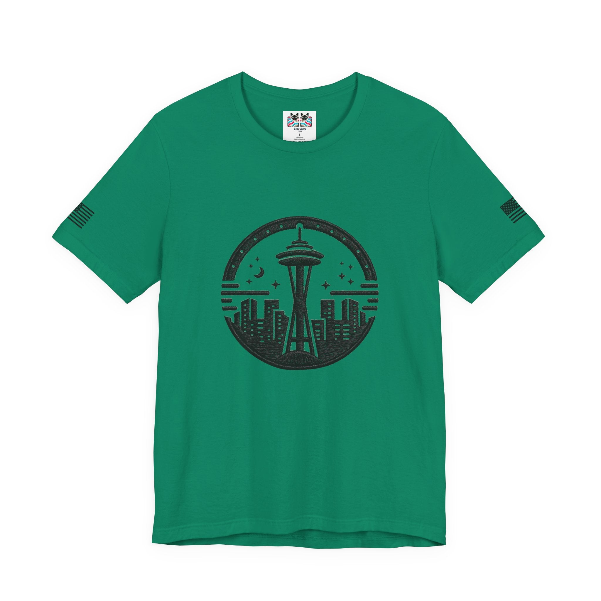 Seattle Space Needle Night Sky Circle Emblem Graphic T-Shirt | Seattle Souvenir Tee | Emerald City Emblem Shirt