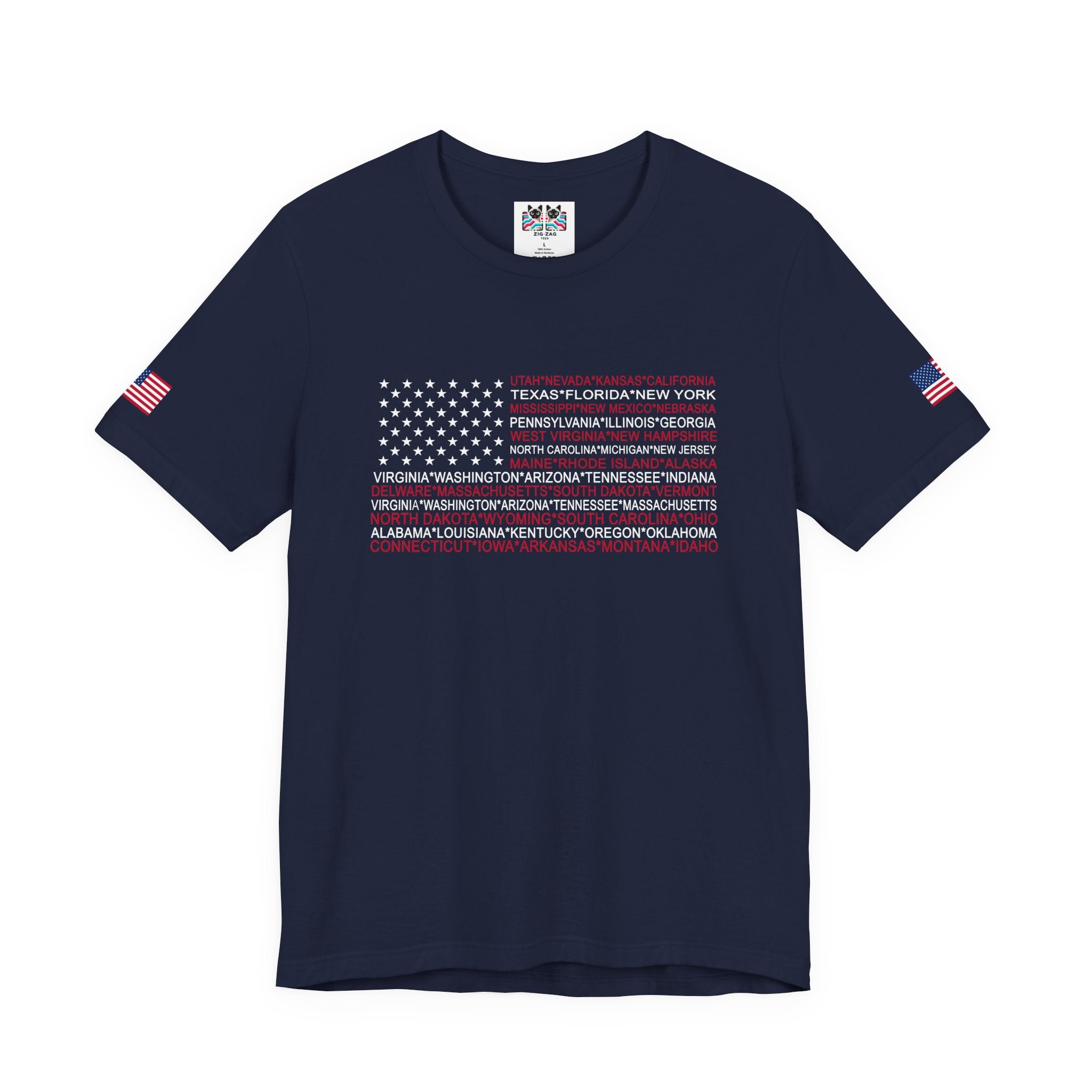 American Flag 50 States T-Shirt – All State Names USA Patriotic Typography Graphic Tee