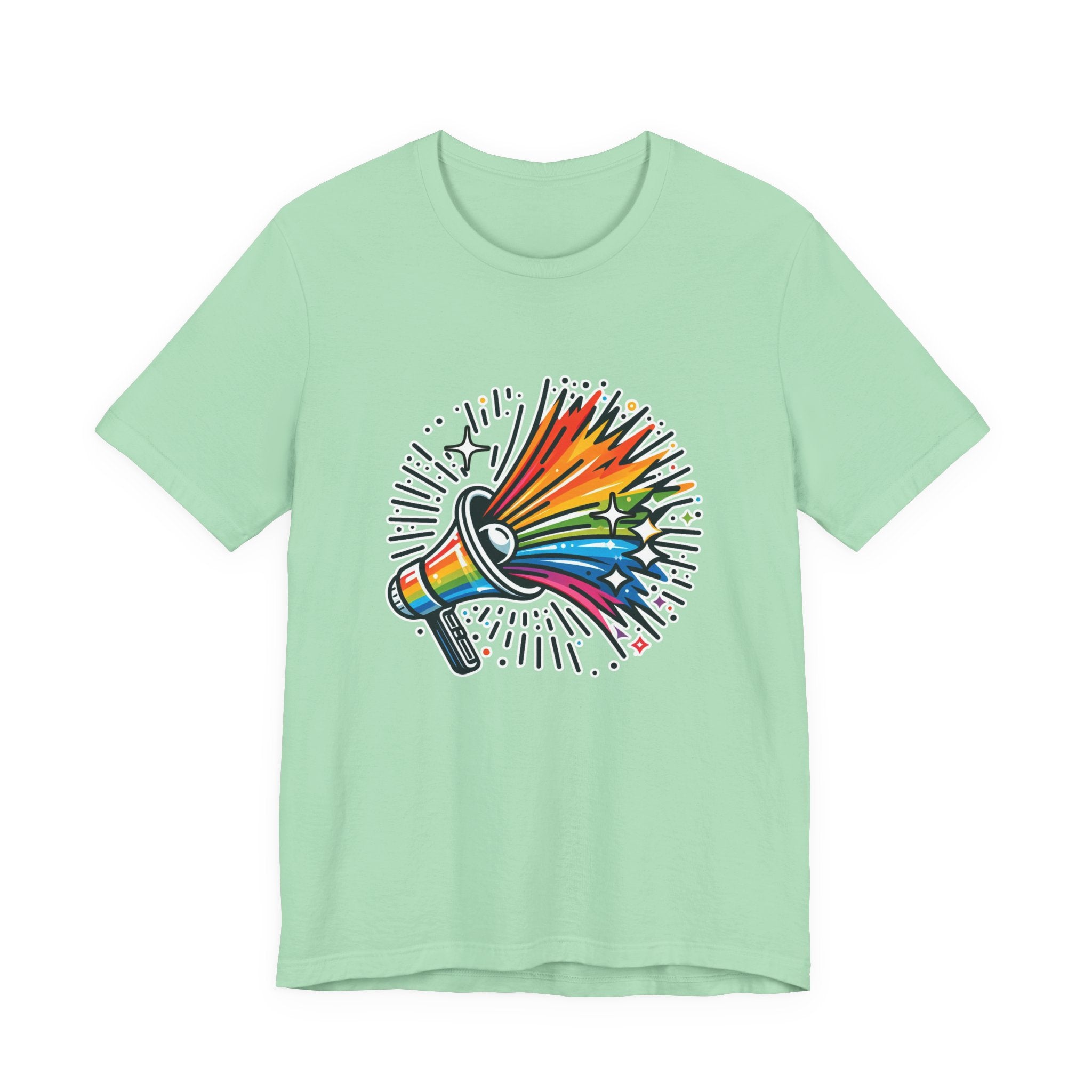 Proud & Loud – Colorful Handheld Speaker with Exploding Stars Graphic T-Shirt