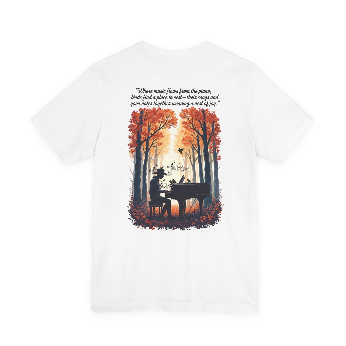 Music & Nature Harmony T-Shirt – Grand Piano in Autumn Forest Scene [Black Text]