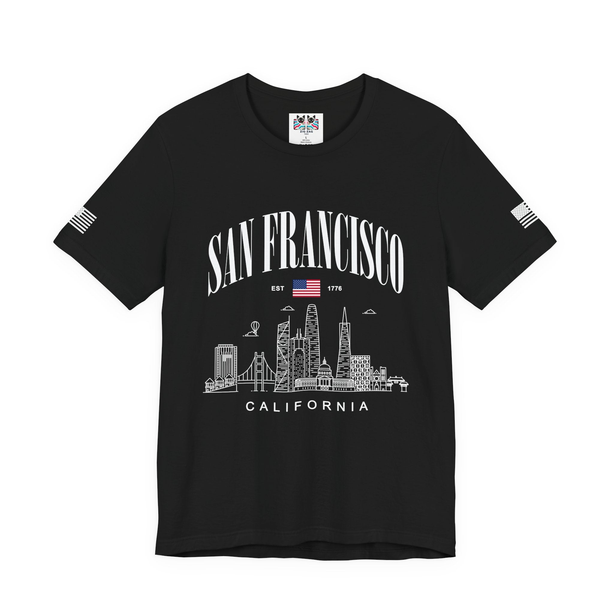 San Francisco California T-Shirt, EST 1776 Arch Skyline Tee, Bay Area Patriotic Shirt, SF Souvenir Gift, Unisex USA Flag Sleeve Shirt