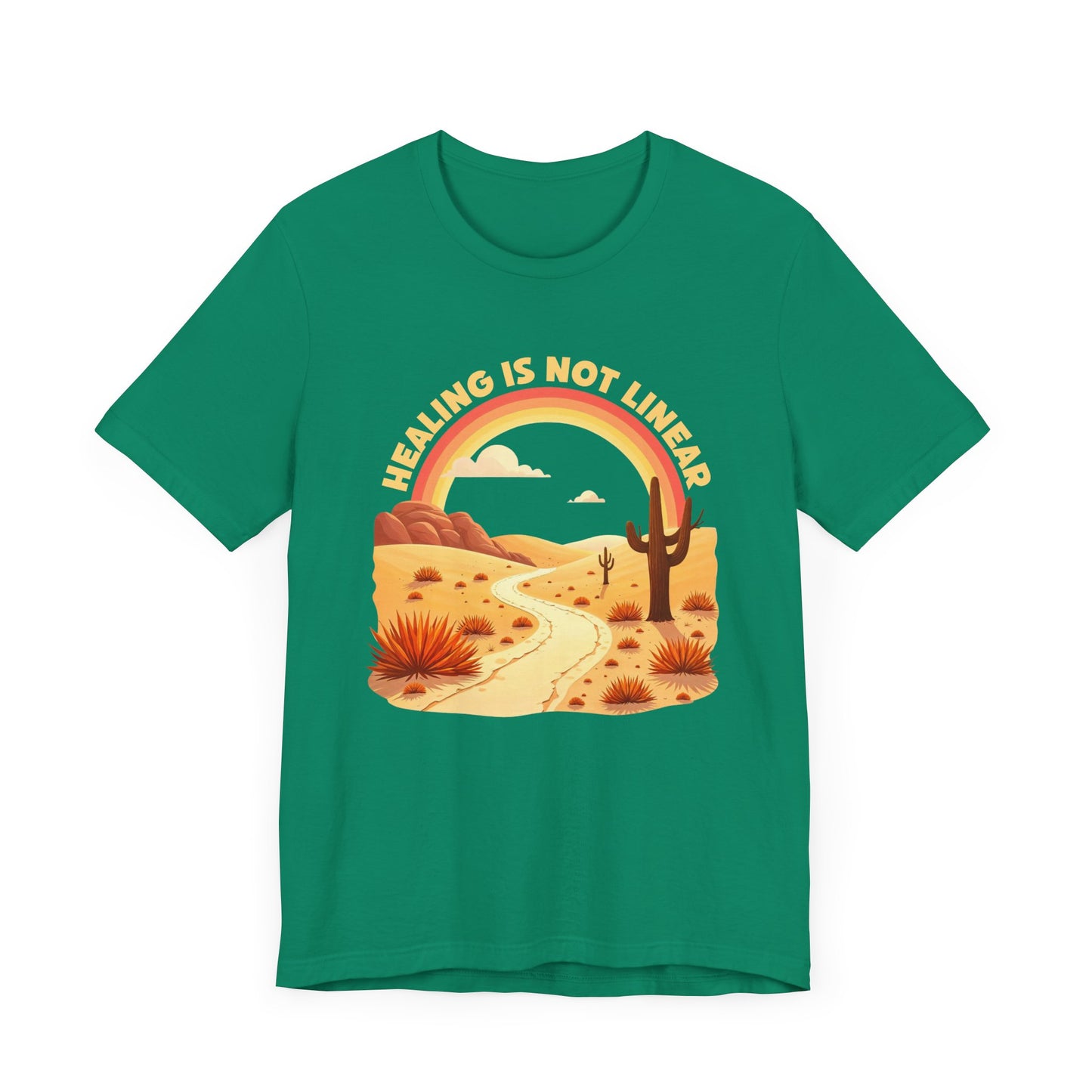 Healing Is Not Linear – Warm Desert Rainbow & Winding Road Graphic T-Shirt