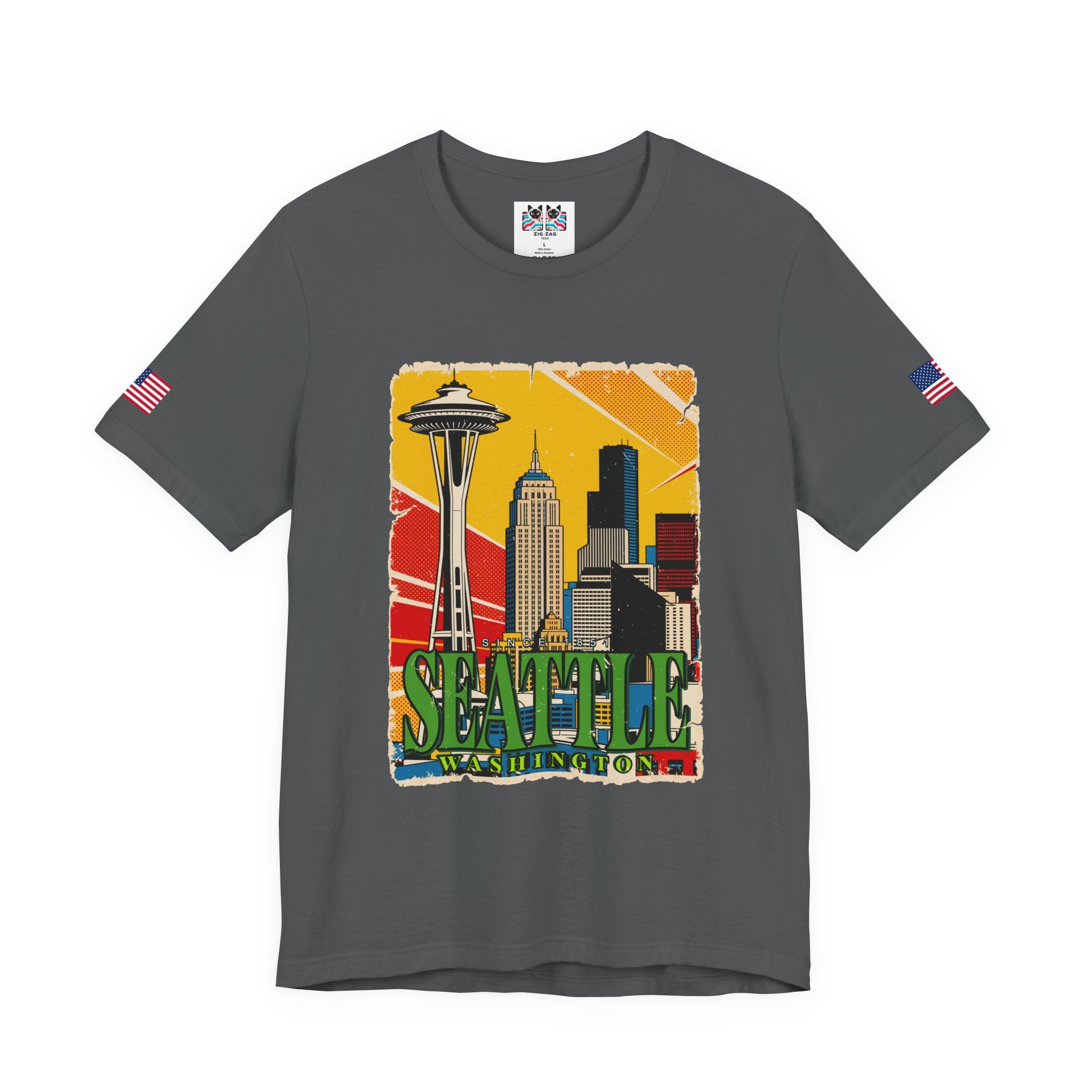 Seattle Washington Retro Pop Art Skyline T-Shirt | Space Needle Comic Style Graphic Tee | Seattle Souvenir Shirt