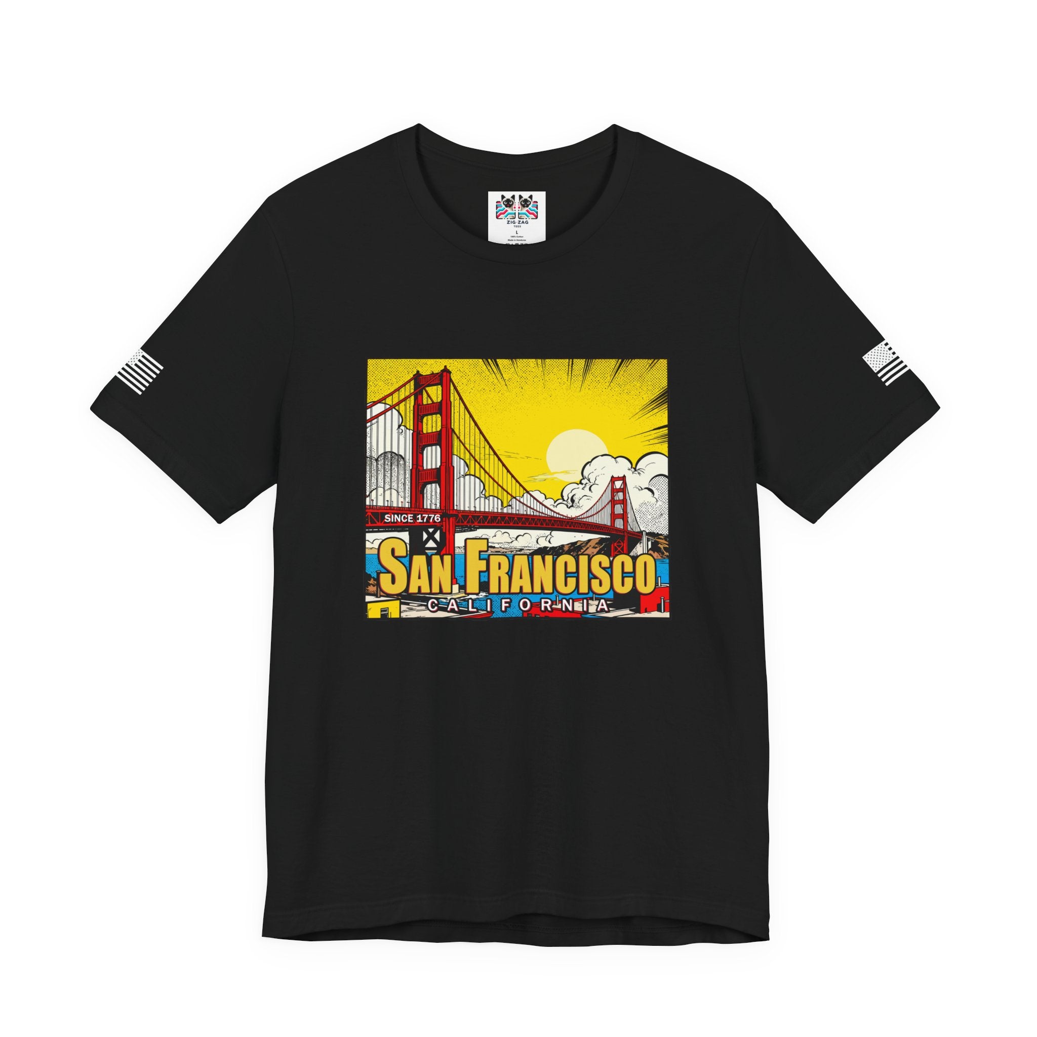 San Francisco California Comic Style T-Shirt – Golden Gate Bridge Pop Art Graphic Tee Since 1776