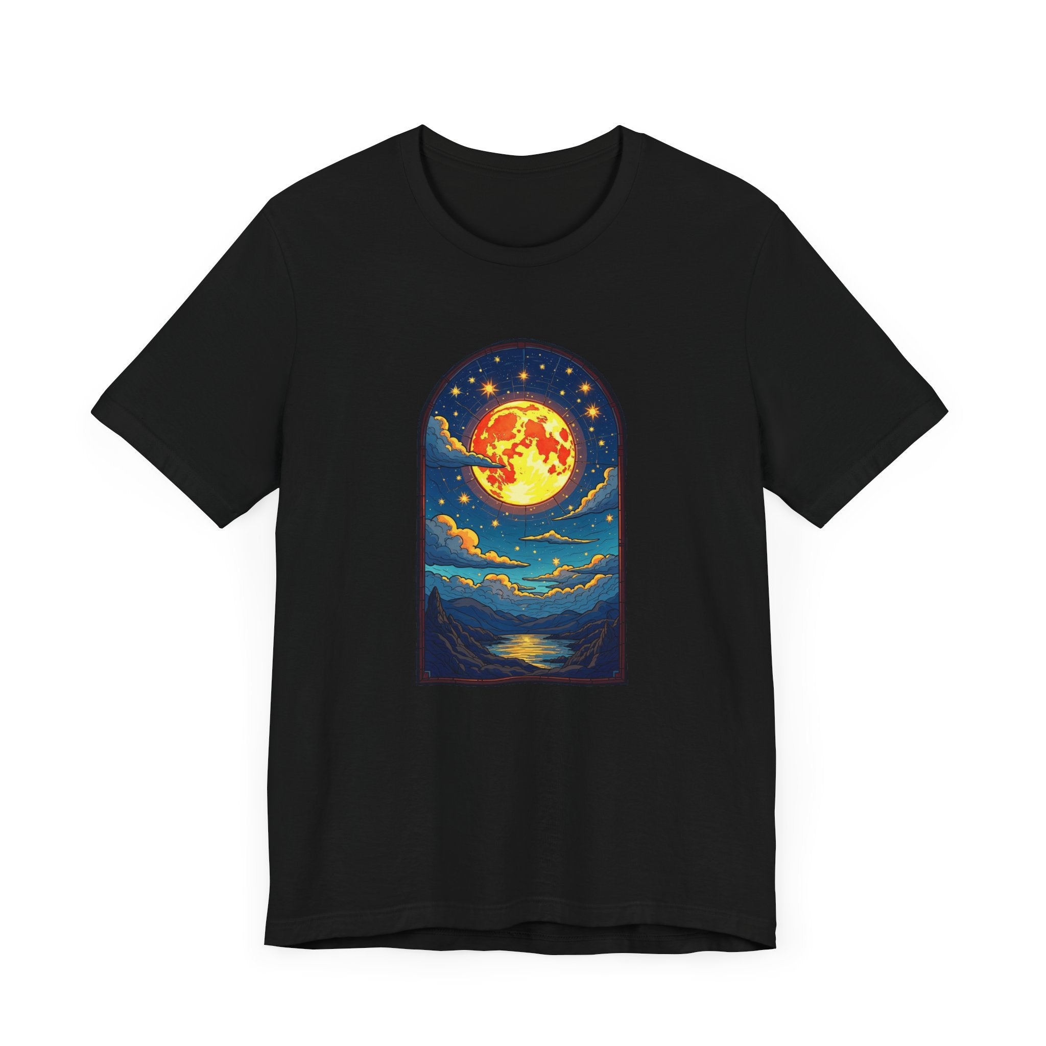 Castle Window View of Glowing Full Moon with Reflection and Stars Graphic T-Shirt