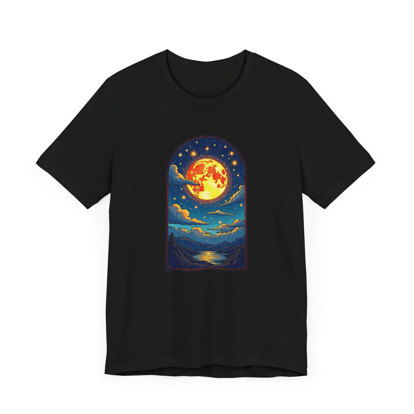 Castle Window View of Glowing Full Moon with Reflection and Stars Graphic T-Shirt