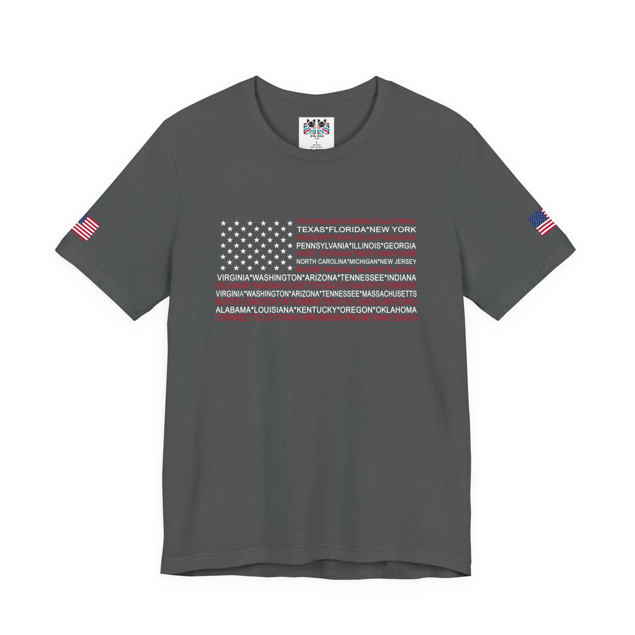 American Flag 50 States T-Shirt – All State Names USA Patriotic Typography Graphic Tee