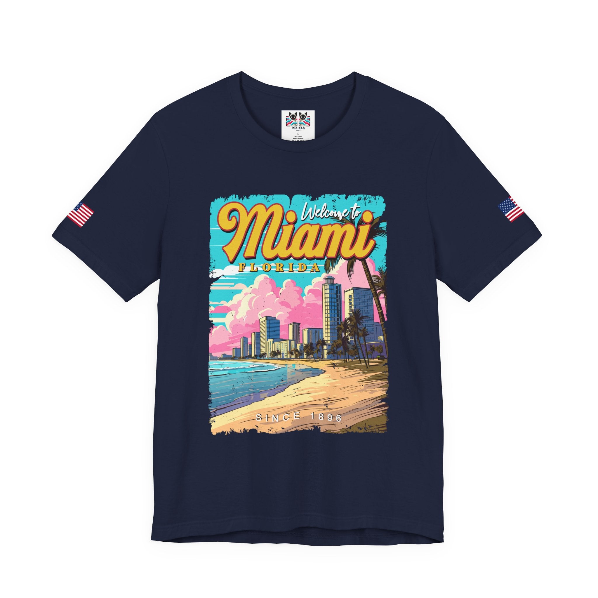 Welcome to Miami Florida T-Shirt – Since 1896 Retro Beach Skyline Poster Graphic Tee