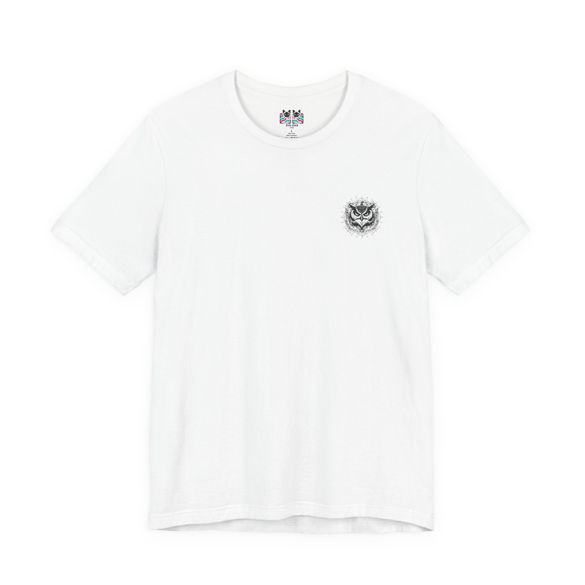 Spirit of Wisdom Owl T-Shirt – Wise Owl with Witch Hat and Medal [Black Text]
