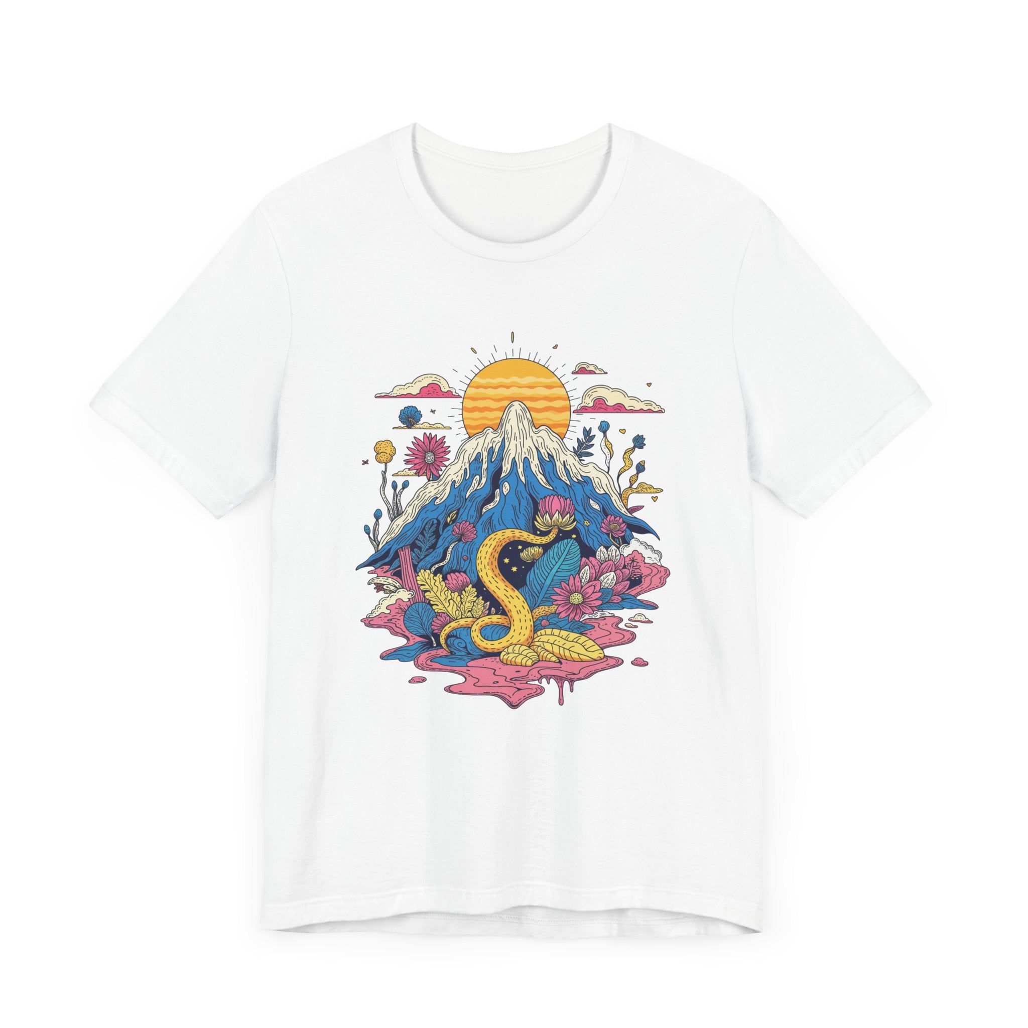 Psychological Jungle Mountain – Psychedelic Sun and Jungle Landscape Graphic T-Shirt