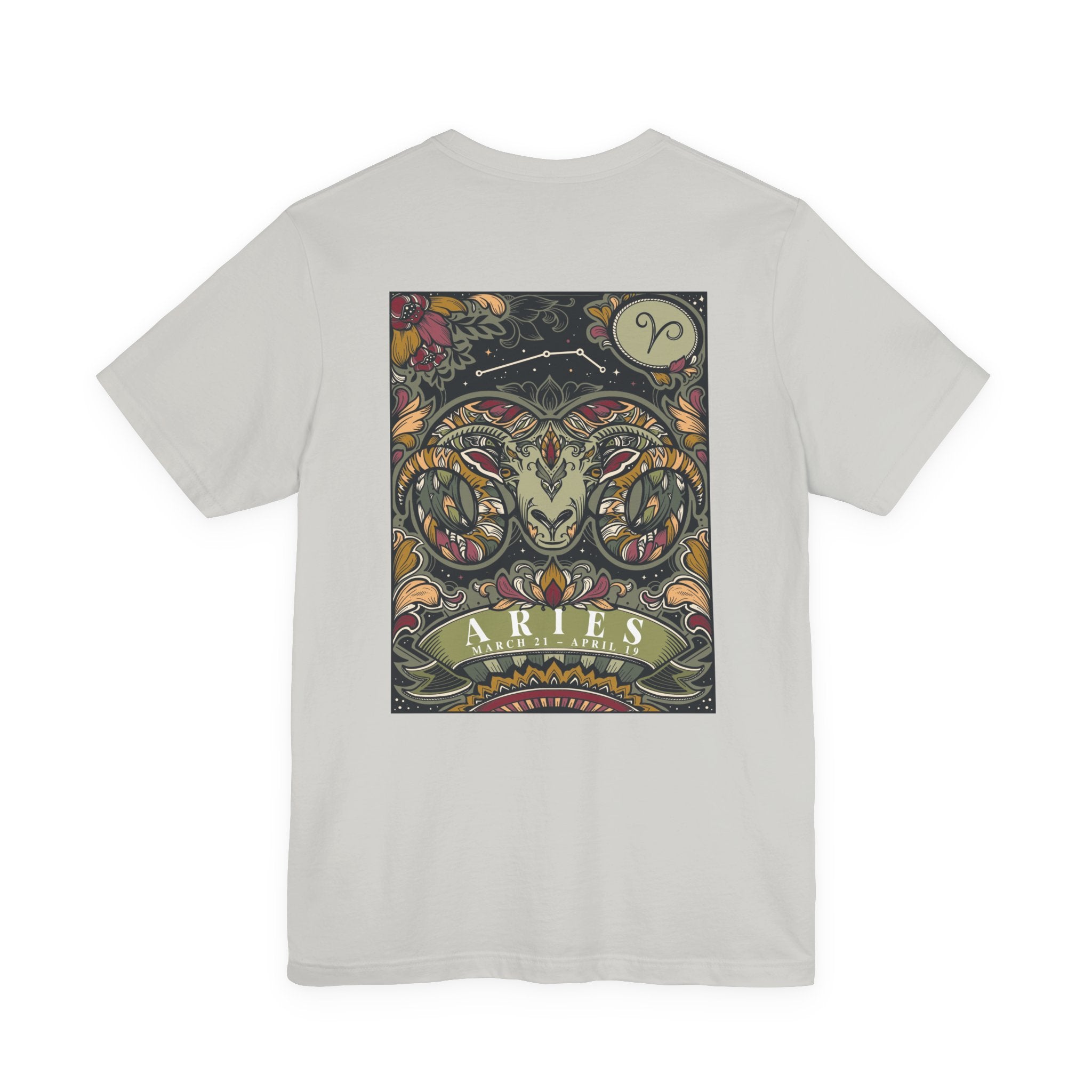 Aries Zodiac T-Shirt – Ram Head with Constellation and Floral Background