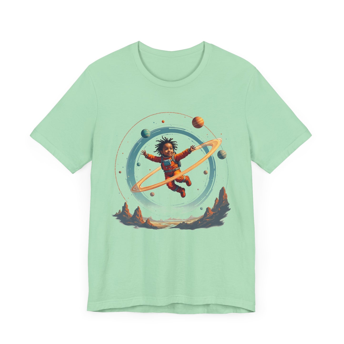 Toddler Flying in Spacesuit with Revolving Planets Space Adventure Graphic T-Shirt