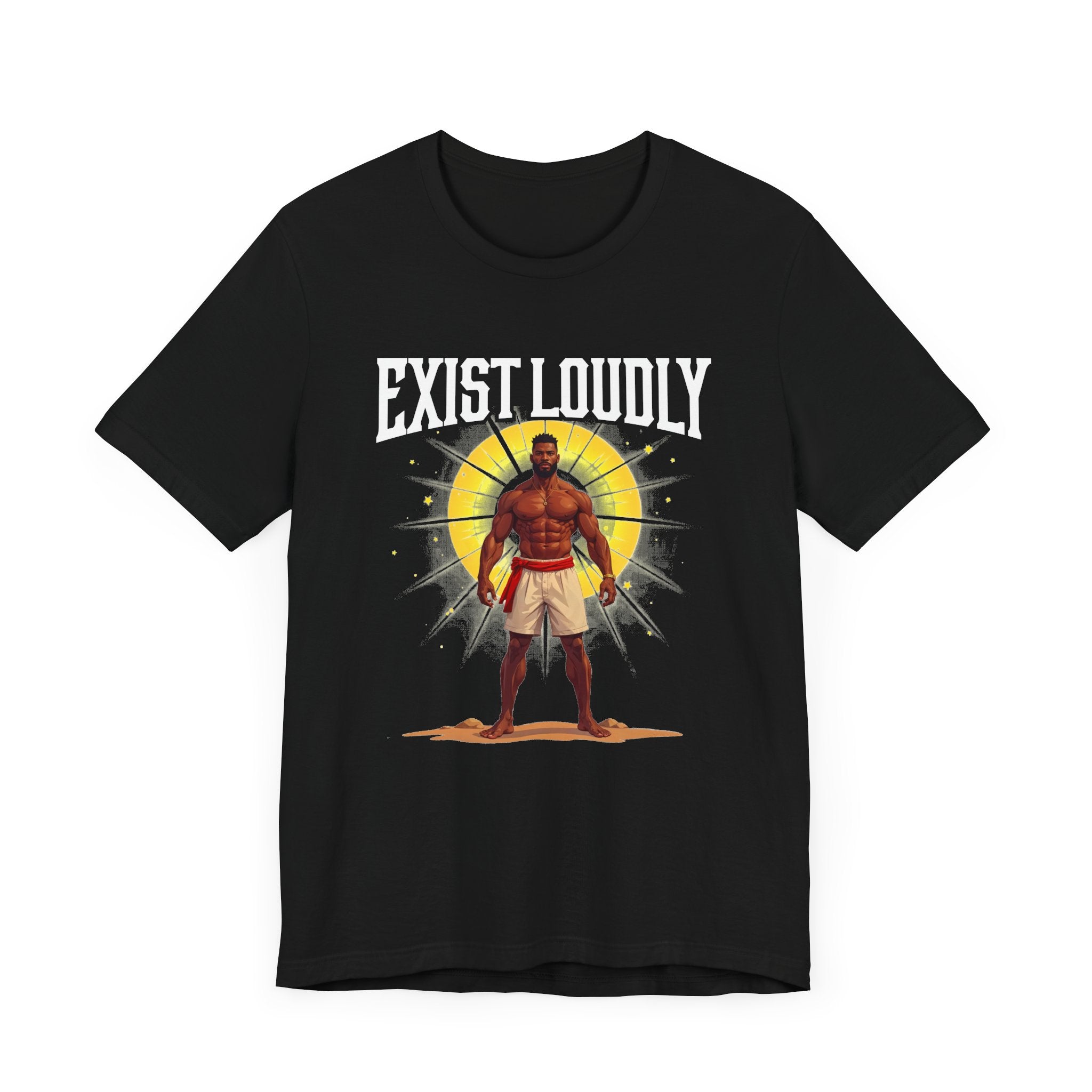 Exist Loudly – Strong Muscular Man with Red Belt & Glowing Light Graphic T-Shirt