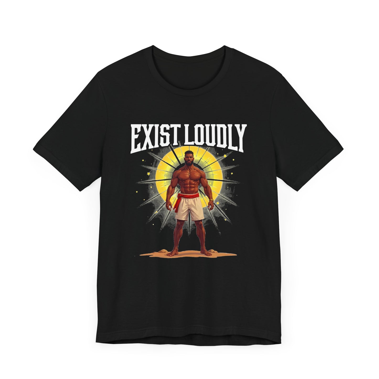 Exist Loudly – Strong Muscular Man with Red Belt & Glowing Light Graphic T-Shirt
