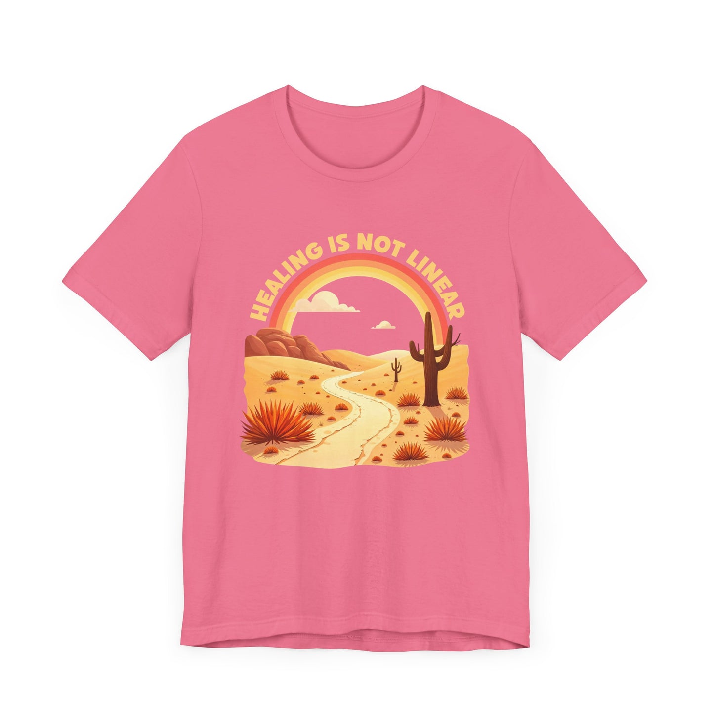Healing Is Not Linear – Warm Desert Rainbow & Winding Road Graphic T-Shirt