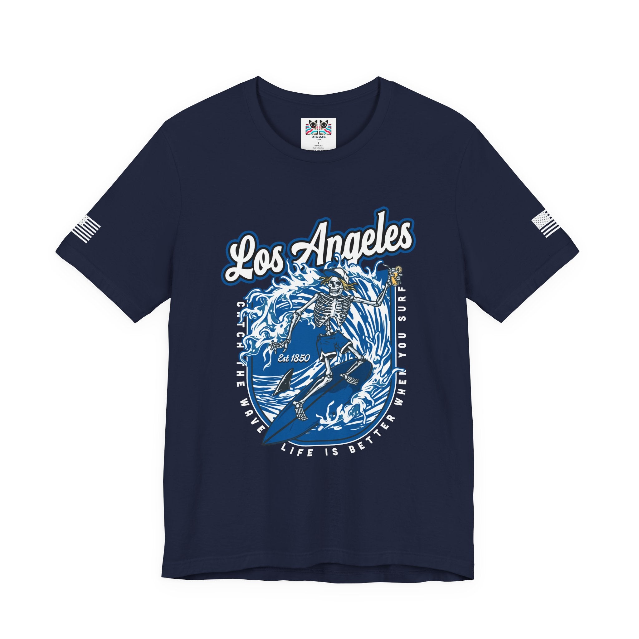 Los Angeles Skeleton Surfer T-Shirt – Life Is Better When You Surf CA EST 1850 Tee