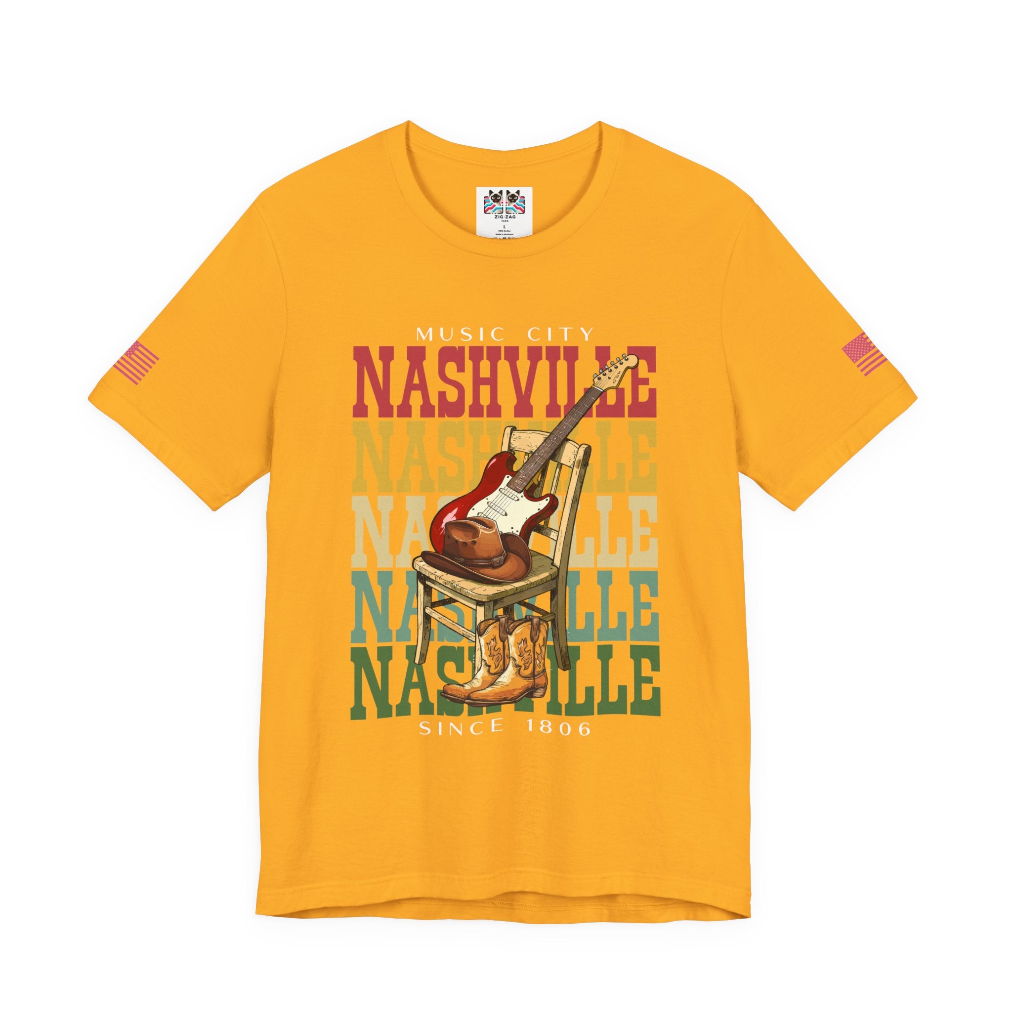 Music City Nashville T-Shirt – Stacked Repeat Typography Electric Guitar Cowboy Hat & Boots Graphic Tee Since 1806