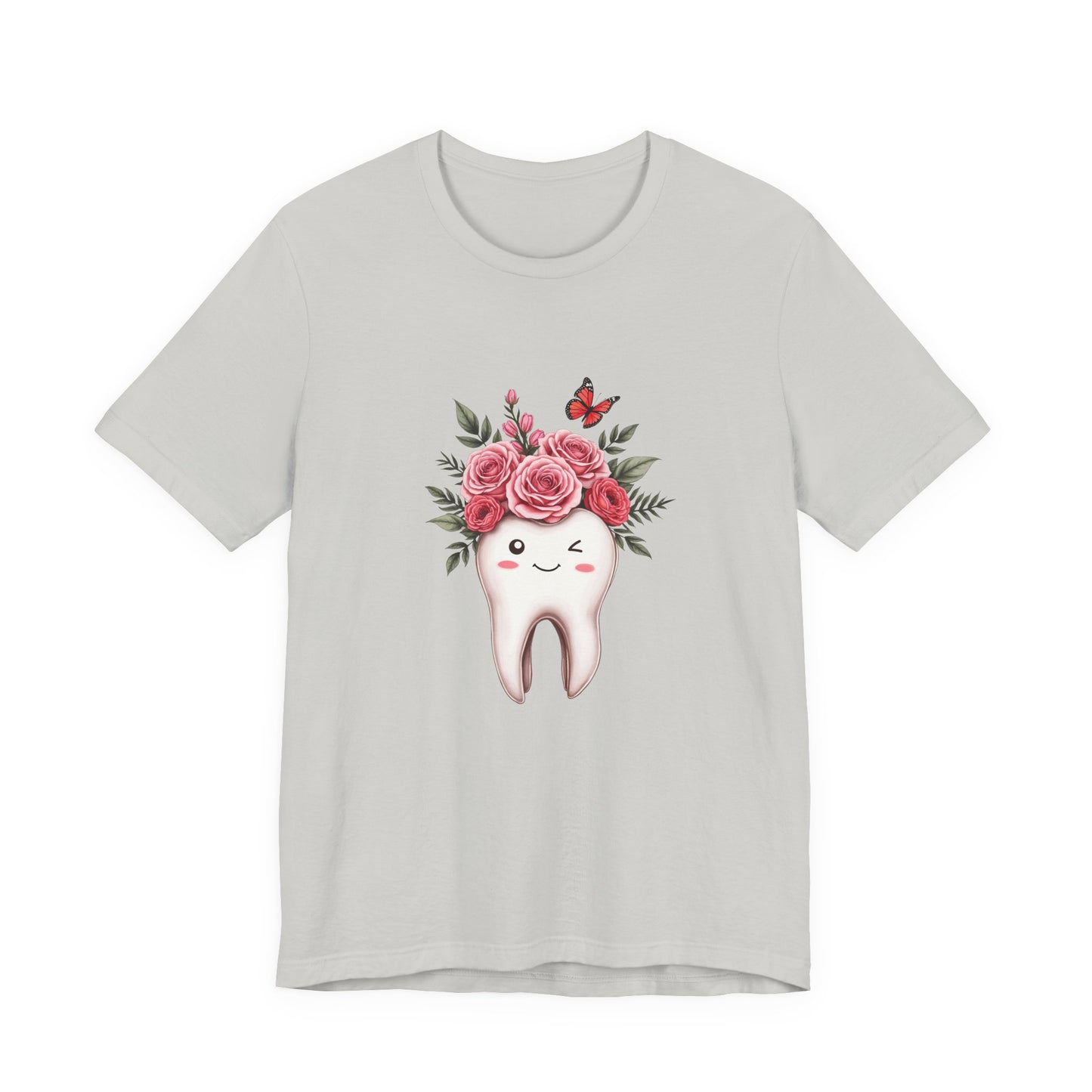 Smile T Shirt with Large Winking Tooth Surrounded by Flowers Leaves and Butterflies