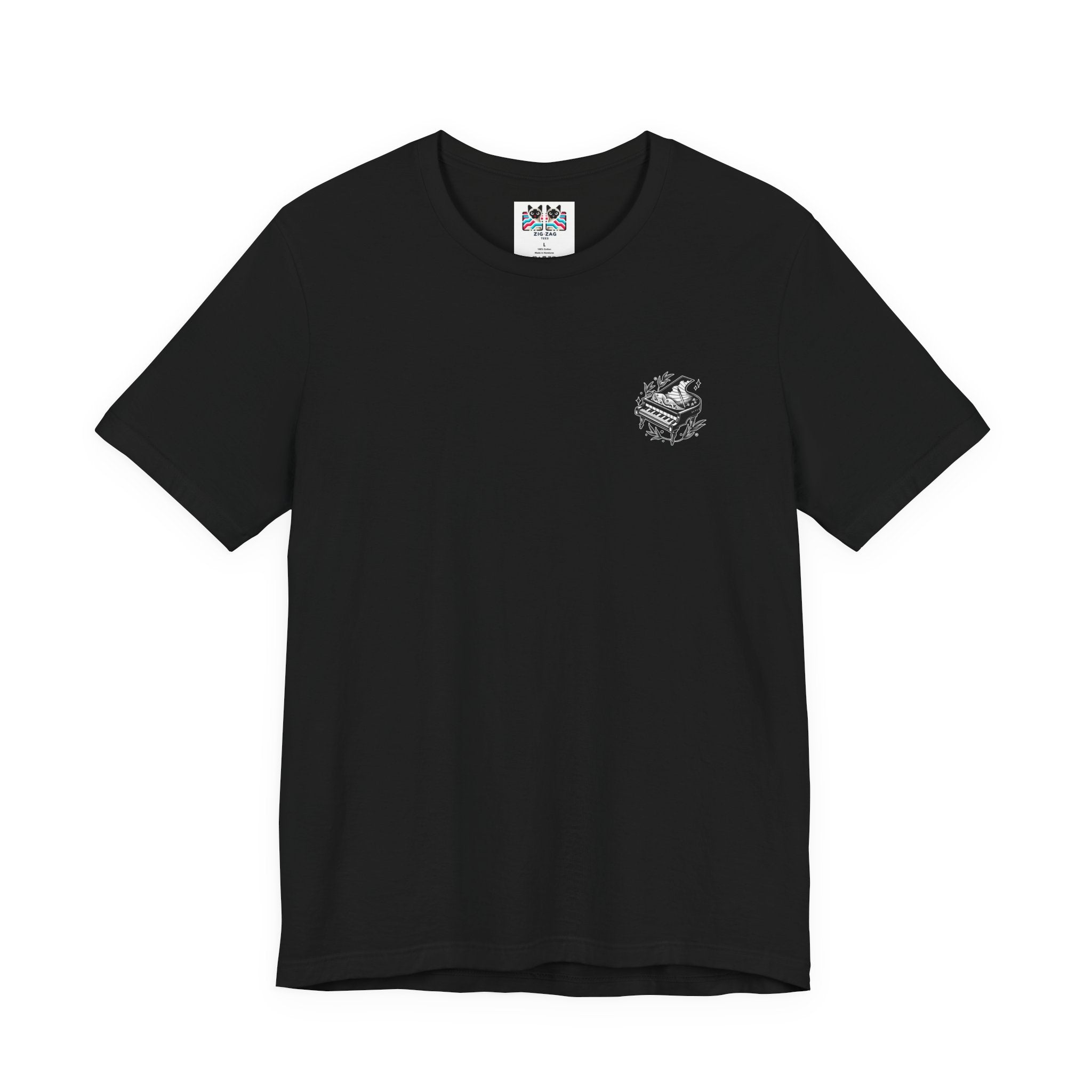 Grand Piano Story T-Shirt – Artistic Music Notes & Keys Graphic