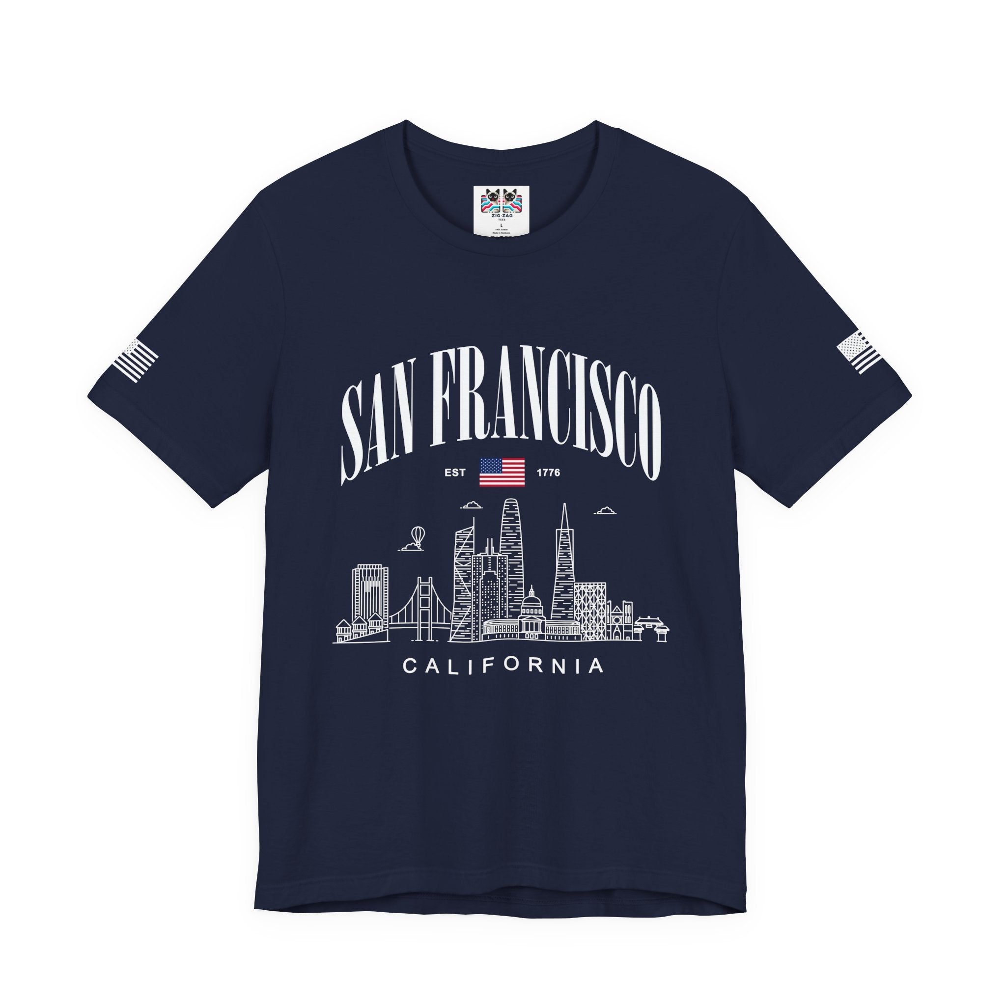 San Francisco California T-Shirt, EST 1776 Arch Skyline Tee, Bay Area Patriotic Shirt, SF Souvenir Gift, Unisex USA Flag Sleeve Shirt