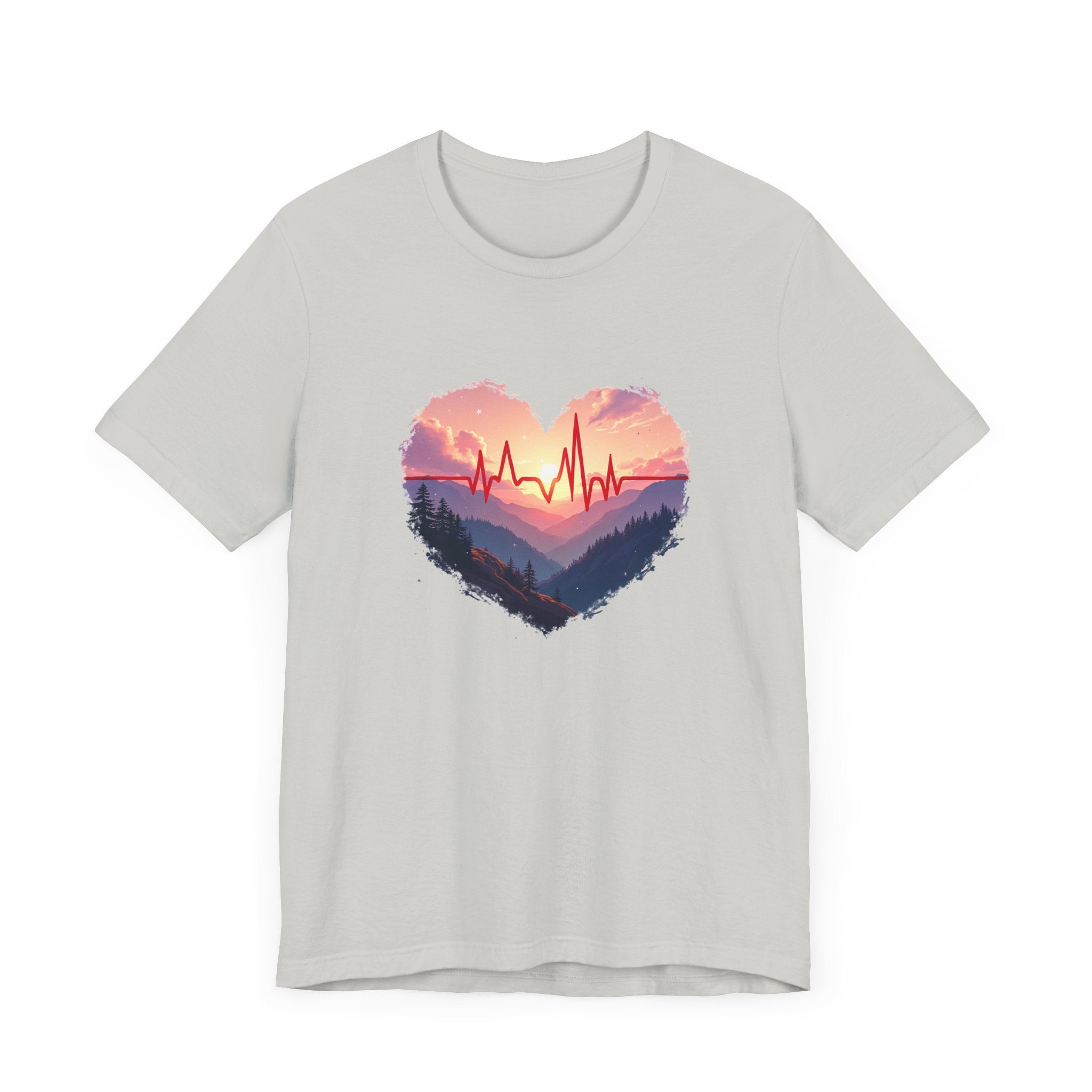 Heart-Shaped Majestic Mountains Landscape with Bold Red Lifeline Graphic T-Shirt