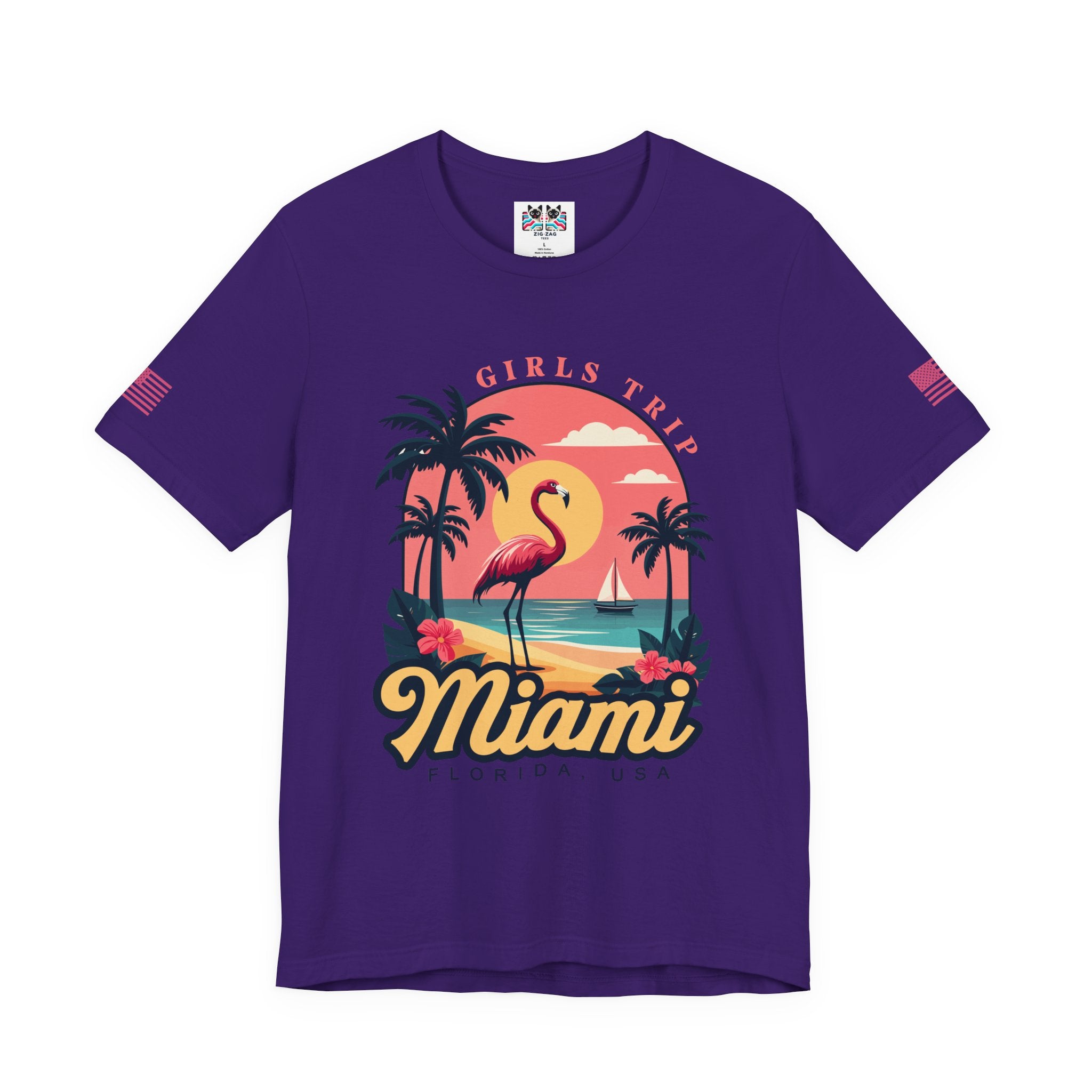 Miami Girls Trip Florida USA T-Shirt – Flamingo Sunset Palm Tree Beach Graphic Tee