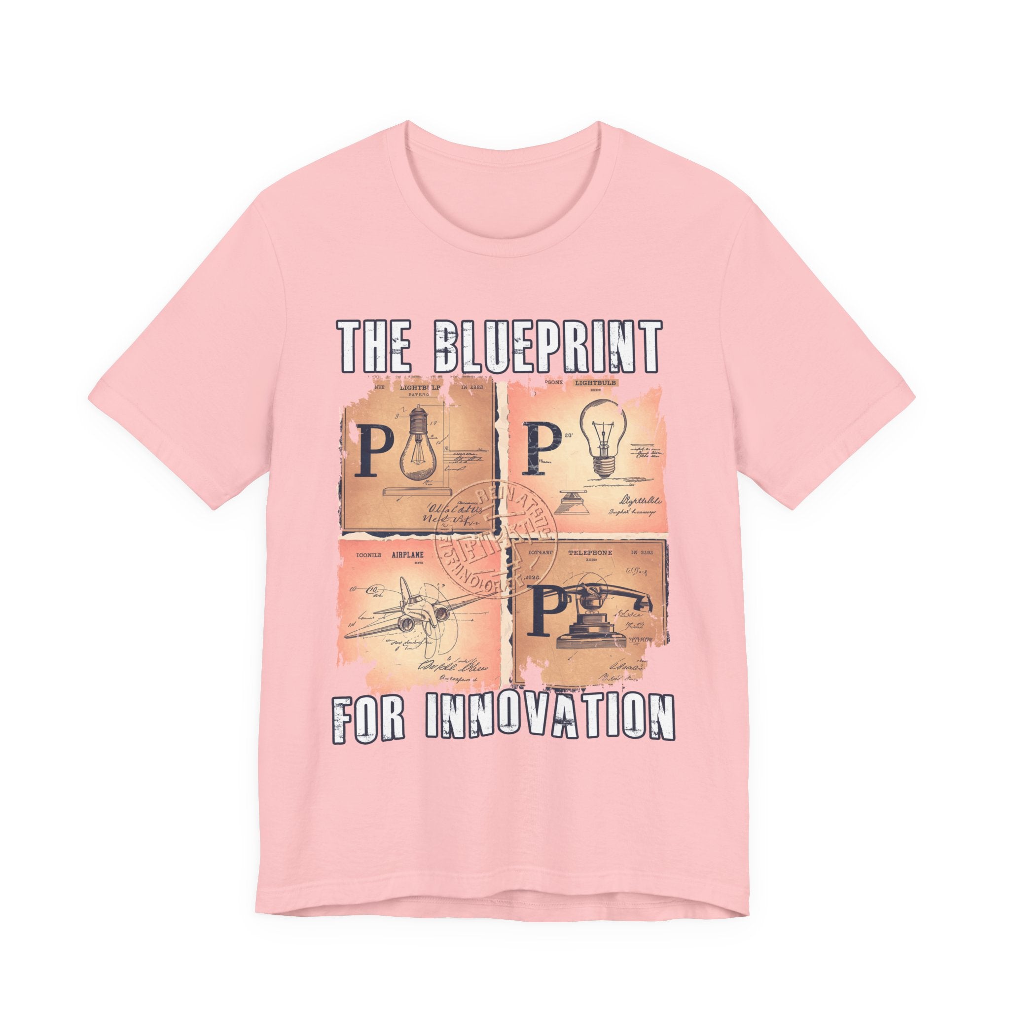 The Blueprint for Innovation Tshirt – Vintage Paper with Iconic Inventions Graphic