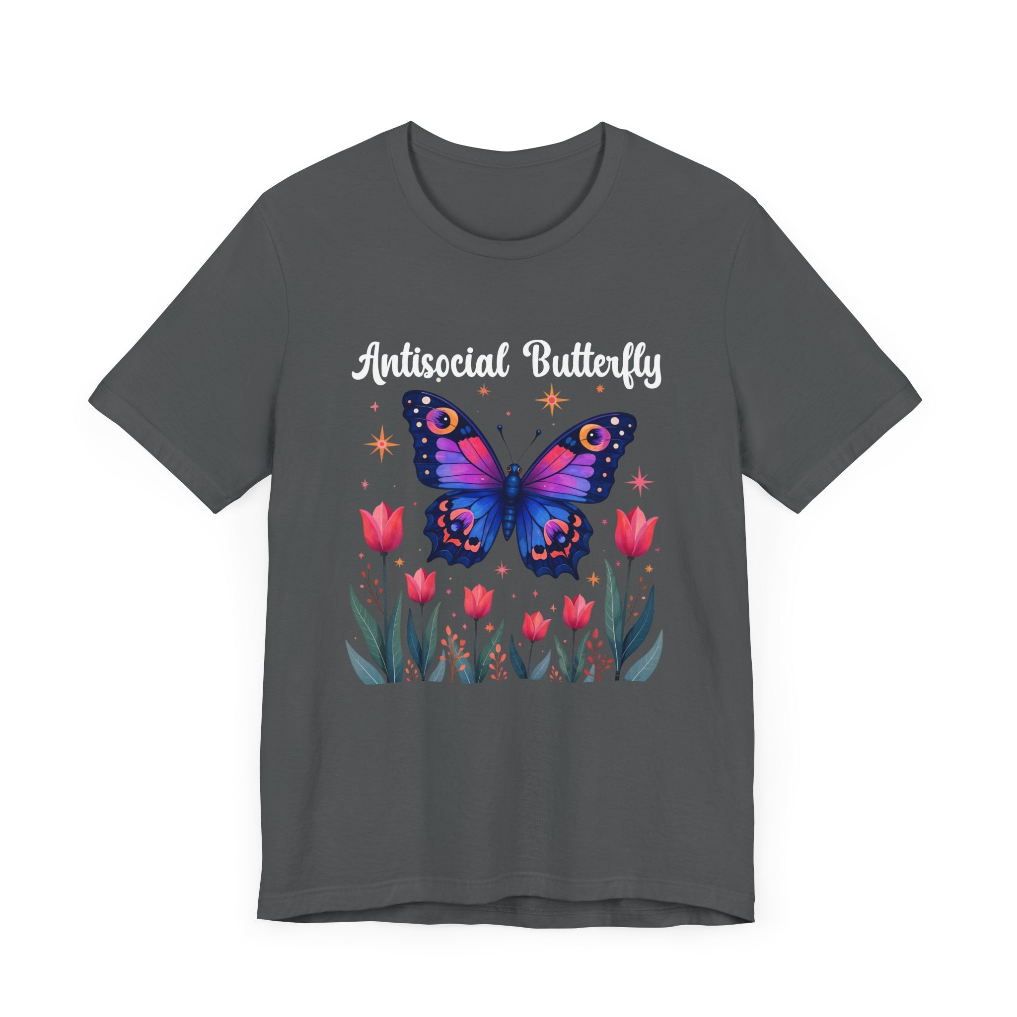 Antisocial Butterfly – Large Butterfly Above Flower Plants Graphic T-Shirt