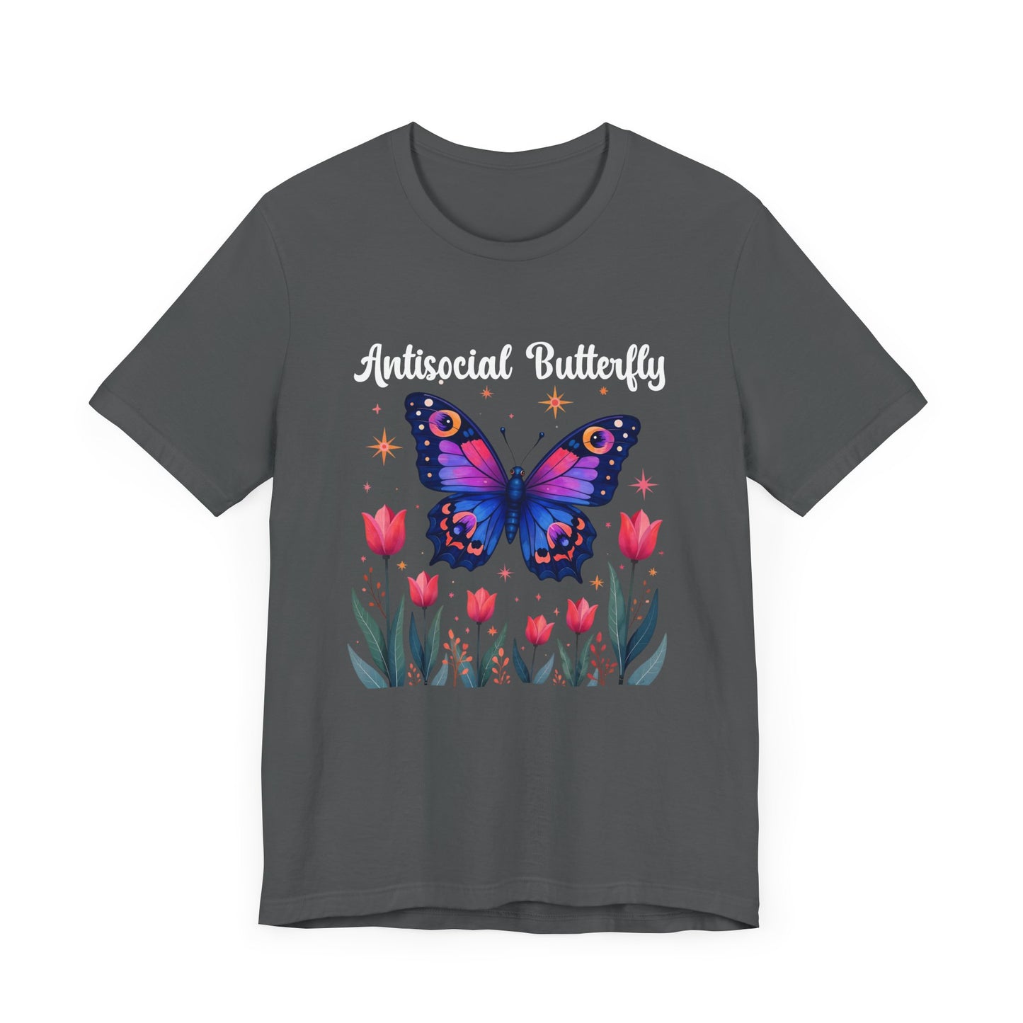 Antisocial Butterfly – Large Butterfly Above Flower Plants Graphic T-Shirt