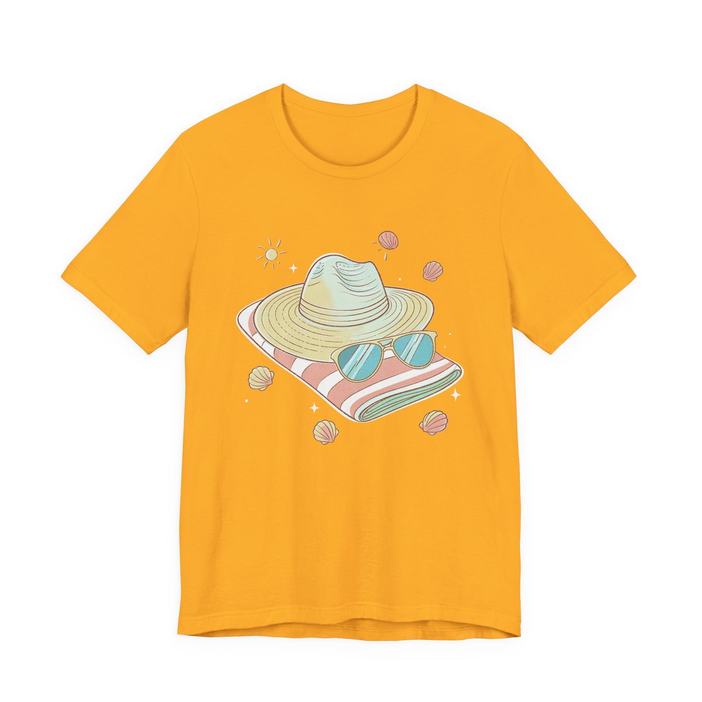 Sun Kissed & Carefree Beach Day Essentials – Towel, Sunglasses & Hat with Sun and Seashells Graphic T-Shirt