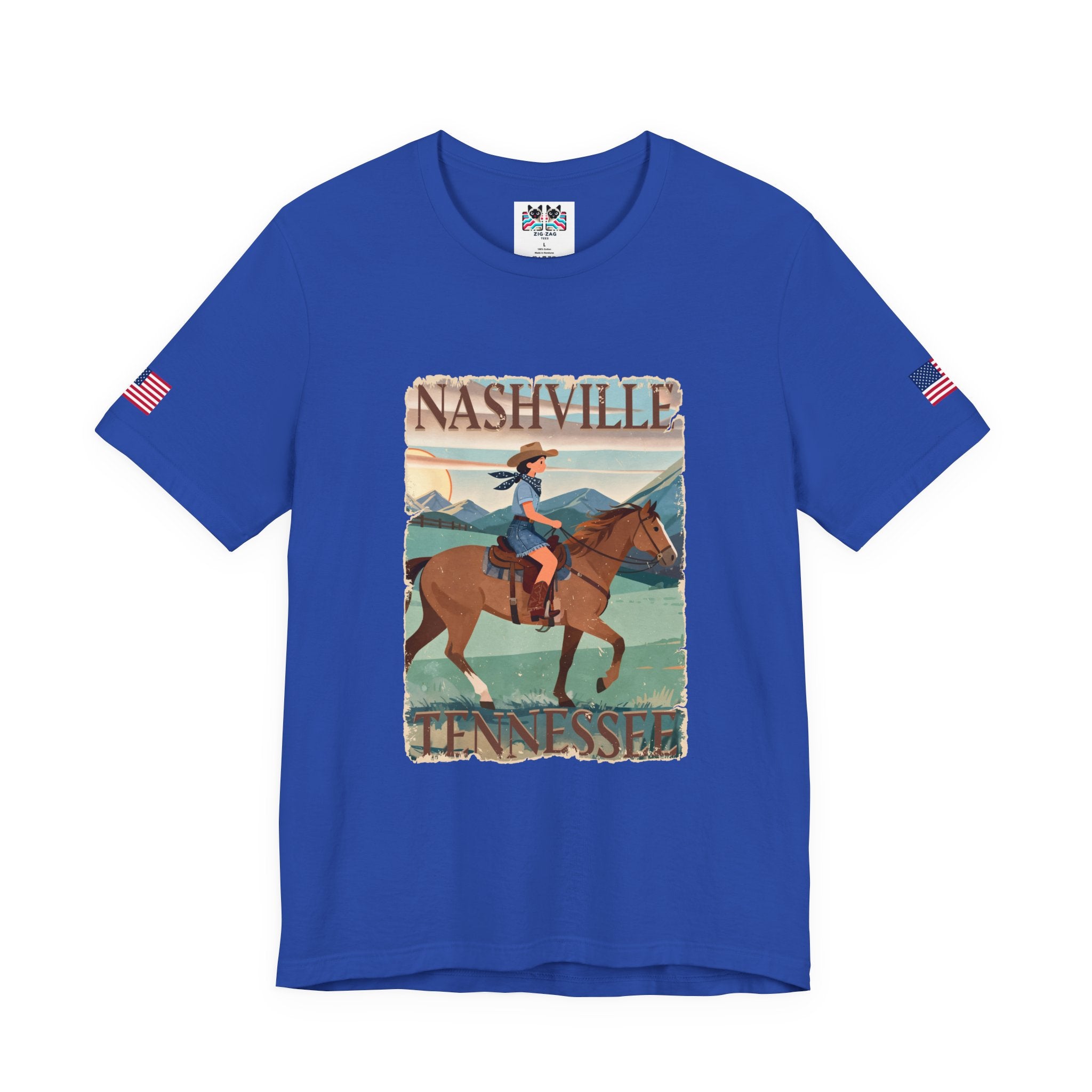Nashville Tennessee T-Shirt – Vintage Cowgirl Horseback Riding Travel Poster Style Graphic Tee