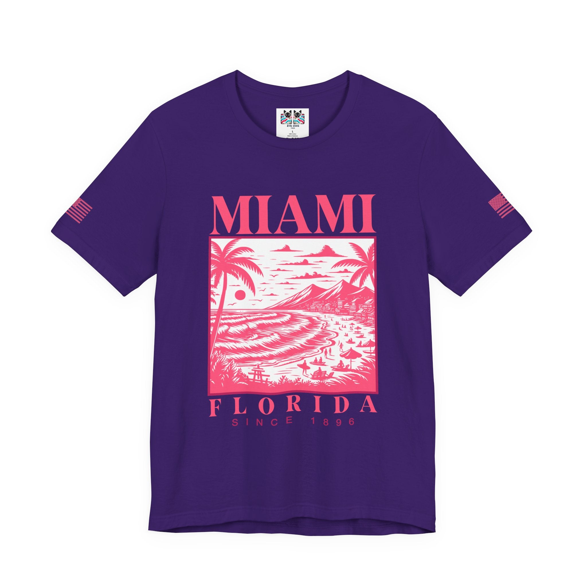 Miami Florida Since 1896 T-Shirt – Engraving Style Beach Scene Palm Tree Graphic Tee