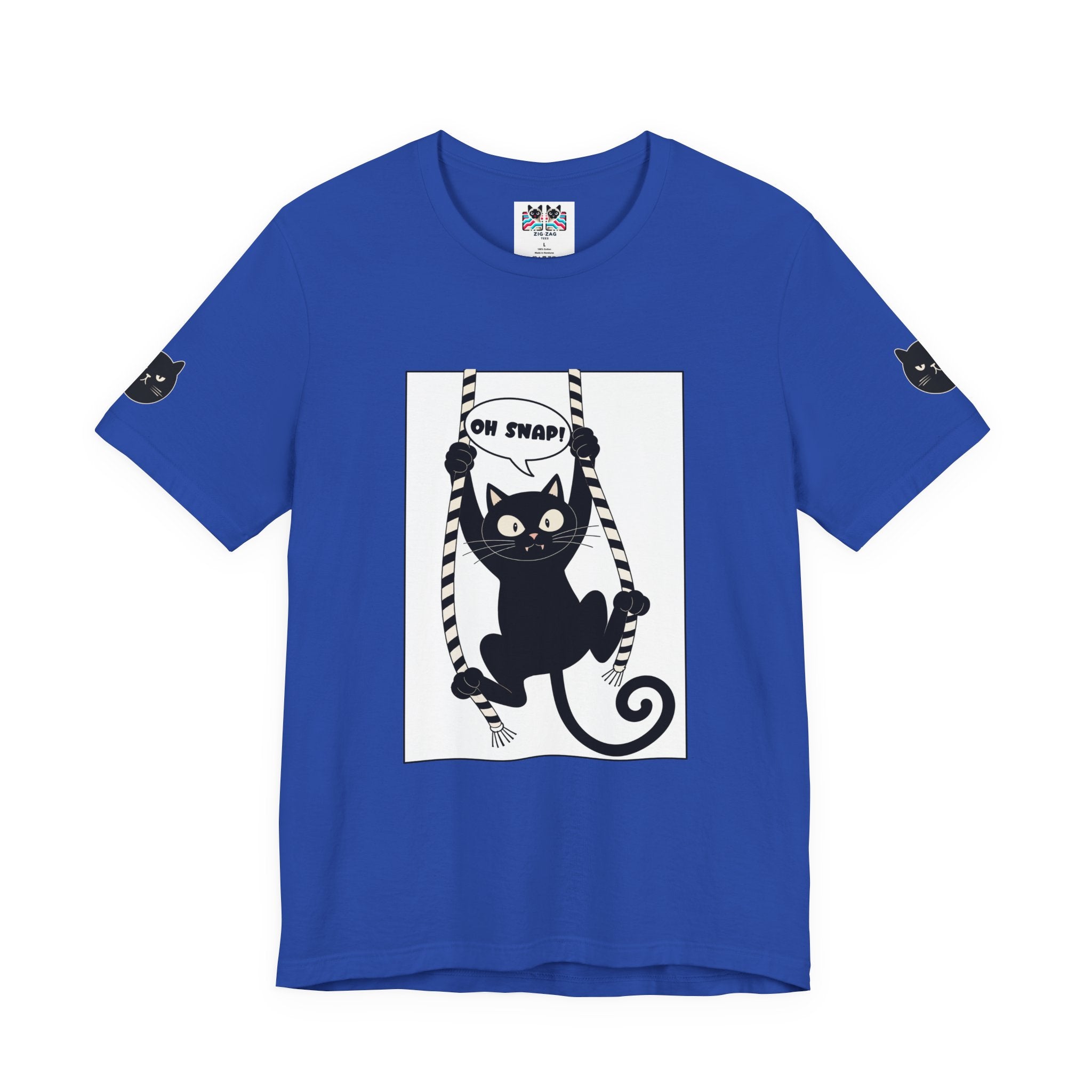 Oh Snap Funny Cat T-Shirt – Cat Hanging from Blinds Mischievous Kitten Humor Graphic Tee