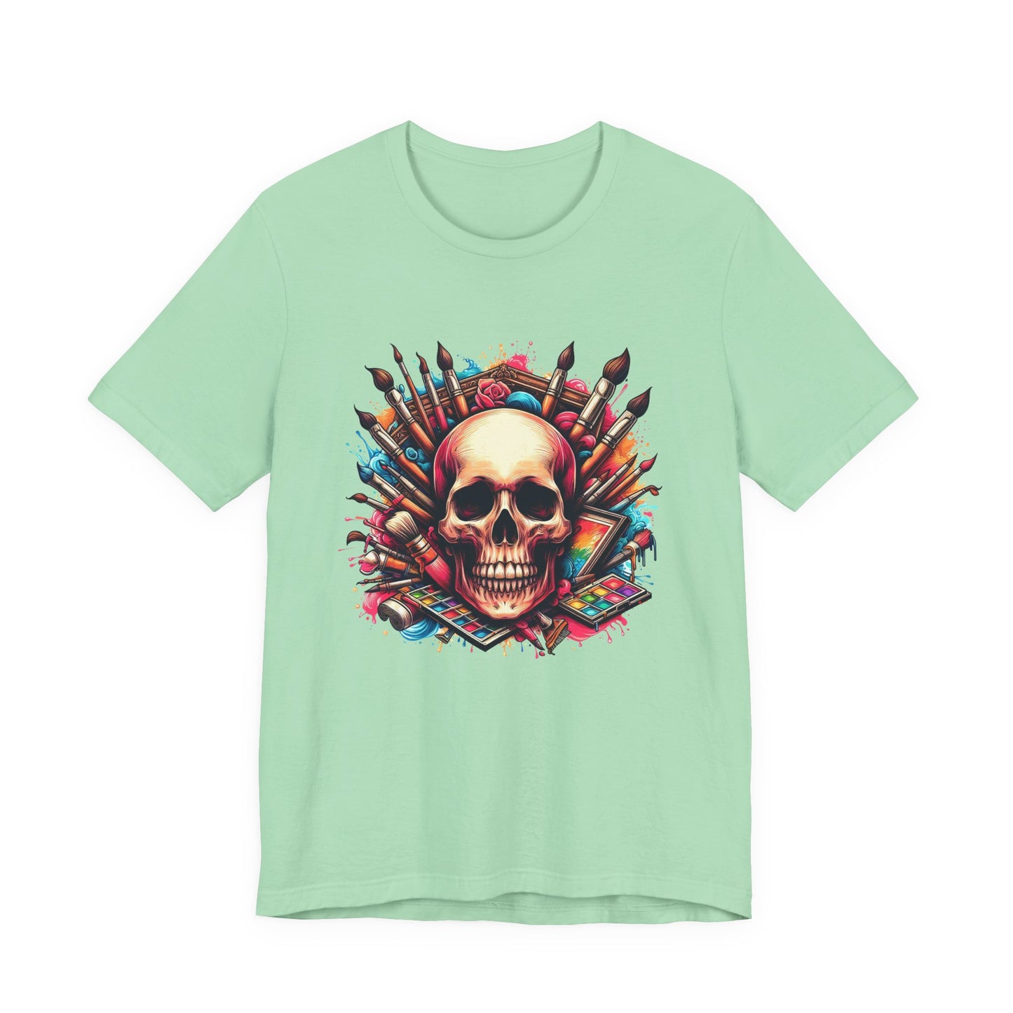 Art Is Not Dead Tshirt – Skull with Stacked Art Supplies Circular Graphic